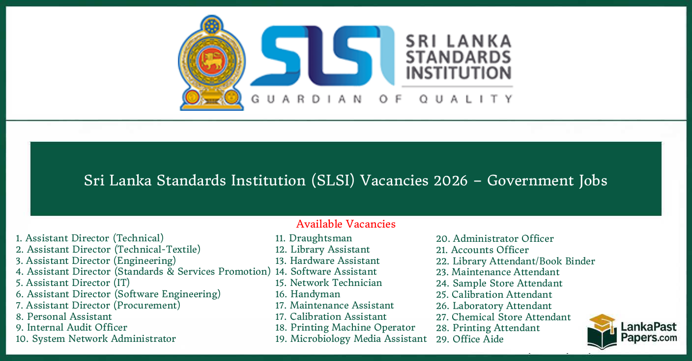 Sri Lanka Standards Institution (SLSI) Vacancies 2026 – Government Jobs