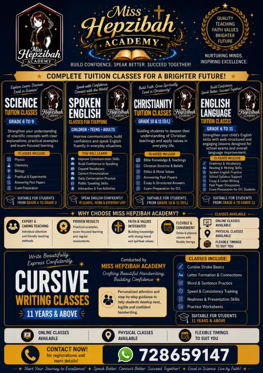 Cursive writing, spoken English classes, English language classes, Christianity, science