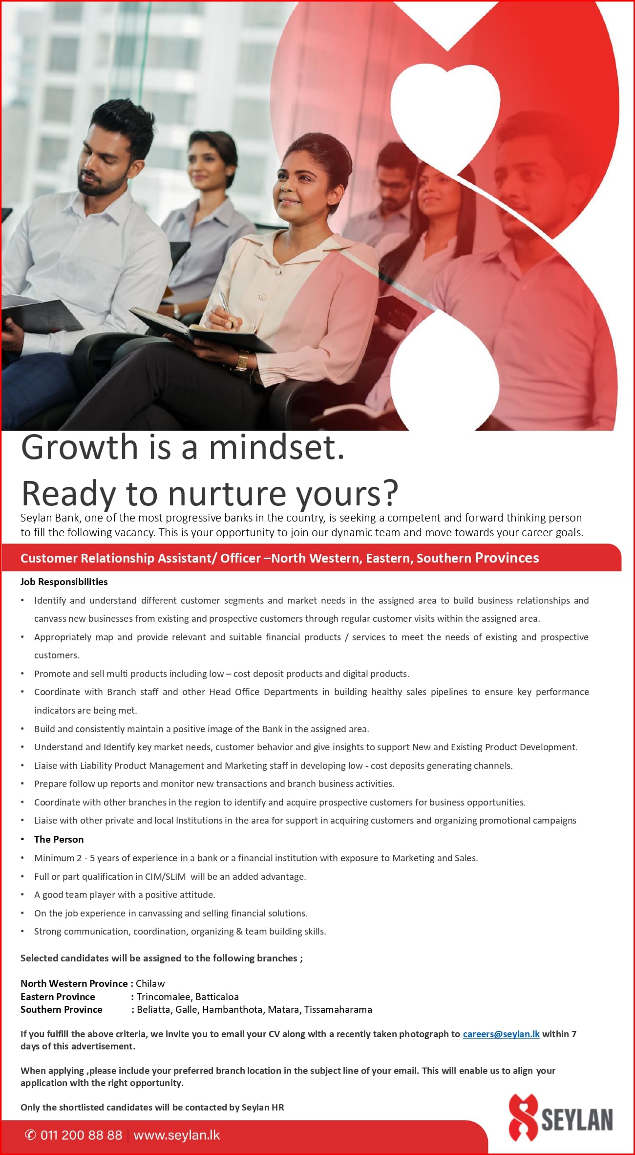Seylan Bank Customer Relationship Assistant Officer Jobs 2026 Sri Lanka Official Job Advertisement North Western Eastern Southern Provinces