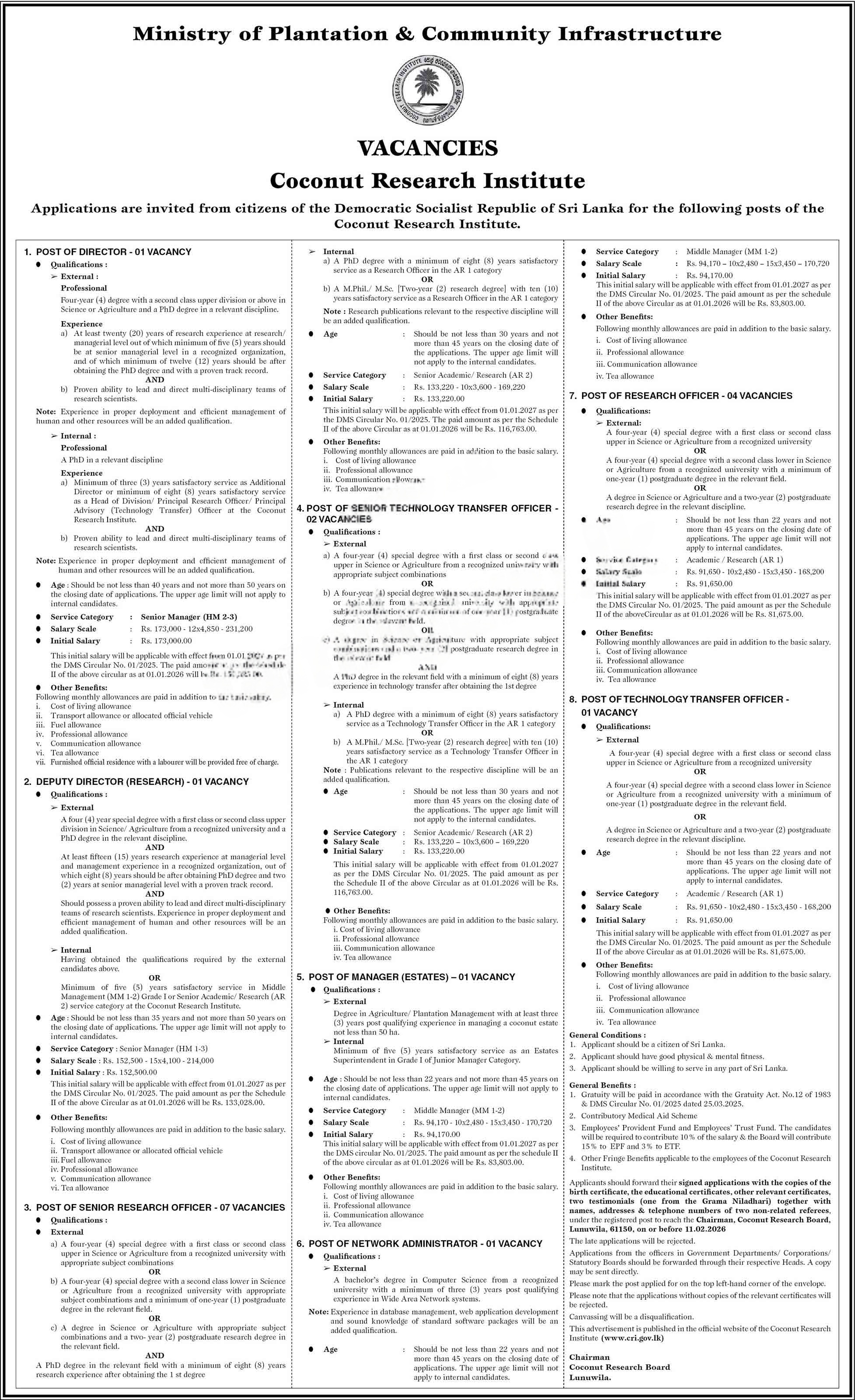 Coconut Research Institute CRI Vacancies 2026 Official Notice