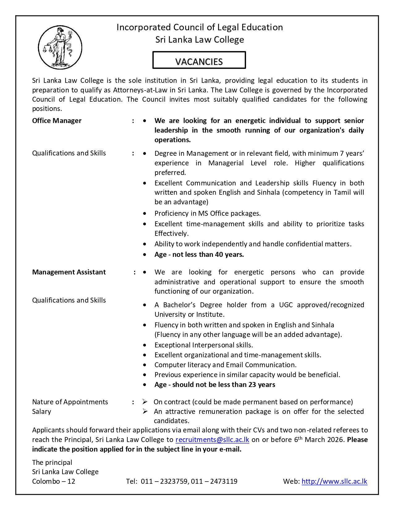 Office Manager Vacancy 2026 Sri Lanka Law College Official Gazette Advertisement