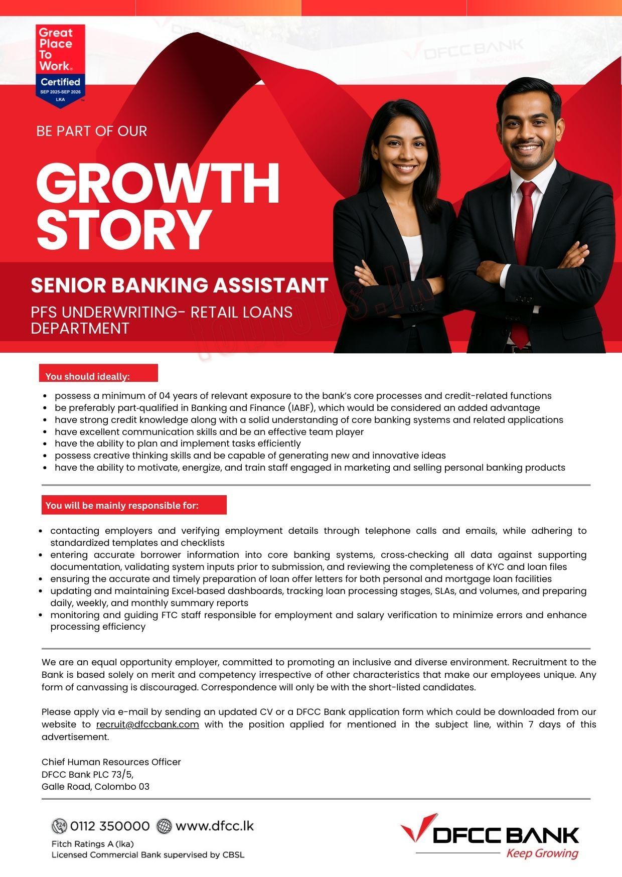 DFCC Bank Senior Banking Assistant Official Advertisement 2026