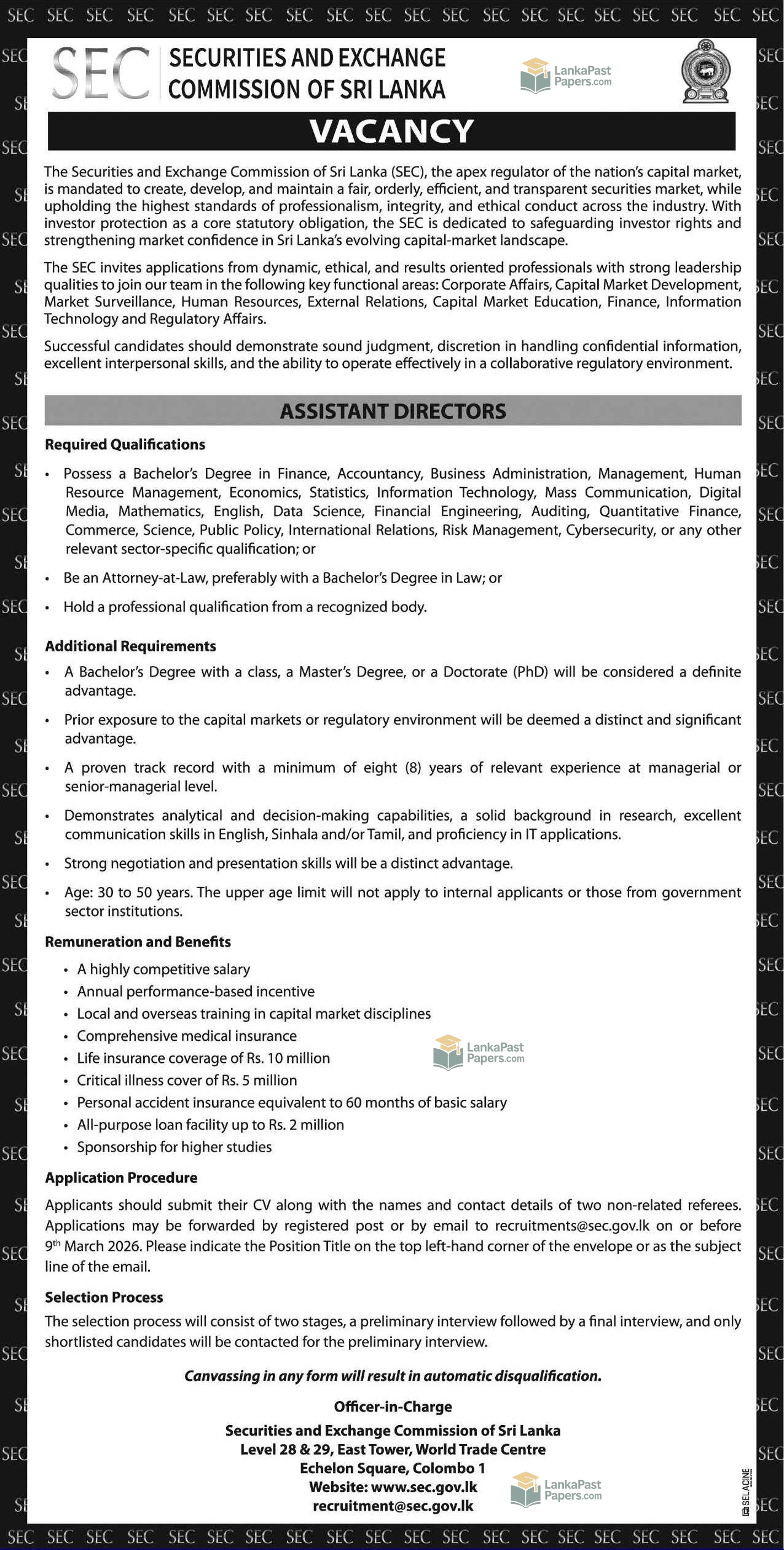 Assistant Directors SEC Sri Lanka Vacancy 2026 Government Job