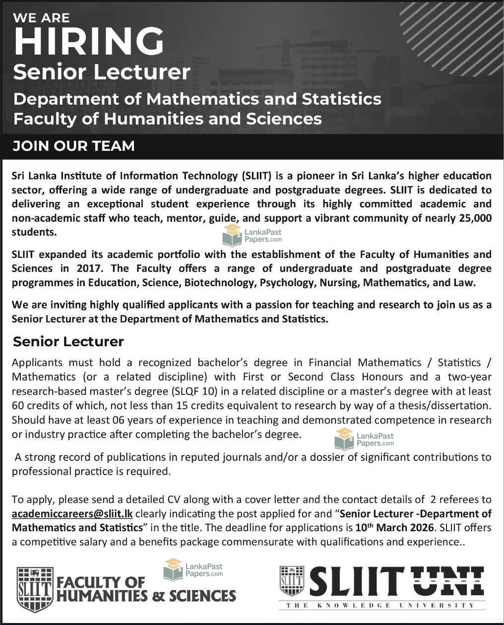 SLIIT Senior Lecturer Vacancy 2026