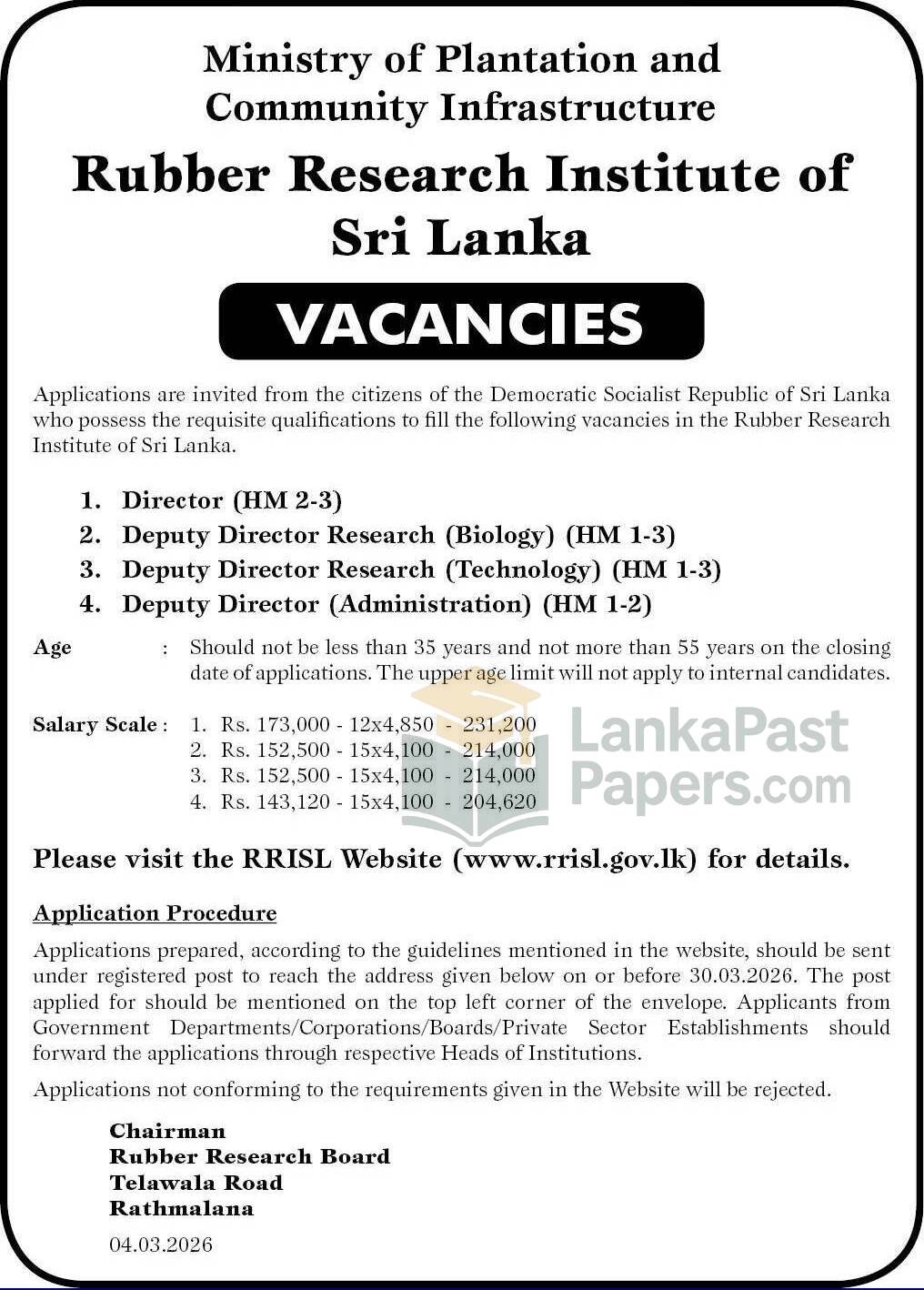 Rubber Research Institute Sri Lanka Vacancy Notice