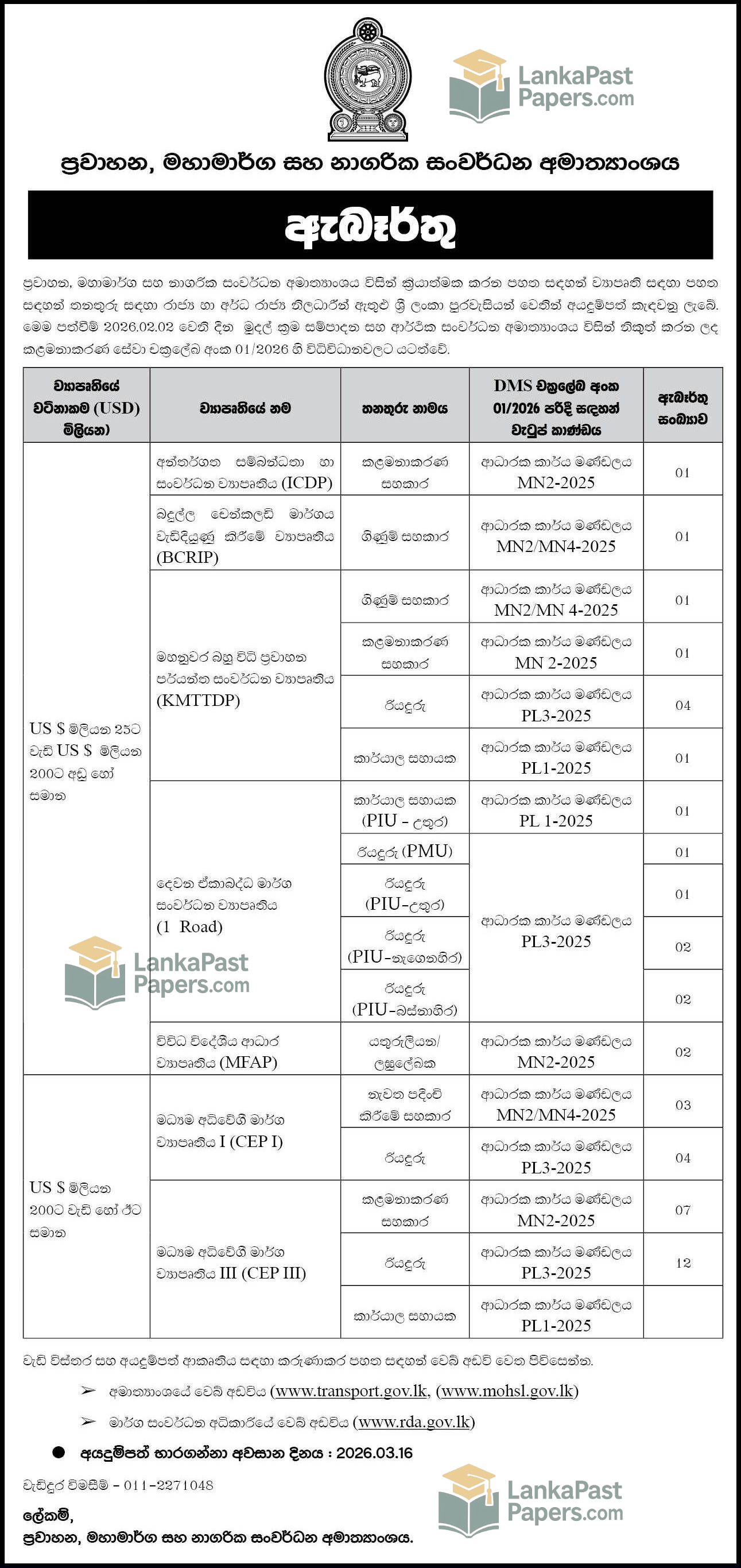 Ministry Transport Vacancies 2026 Sinhala Gazette