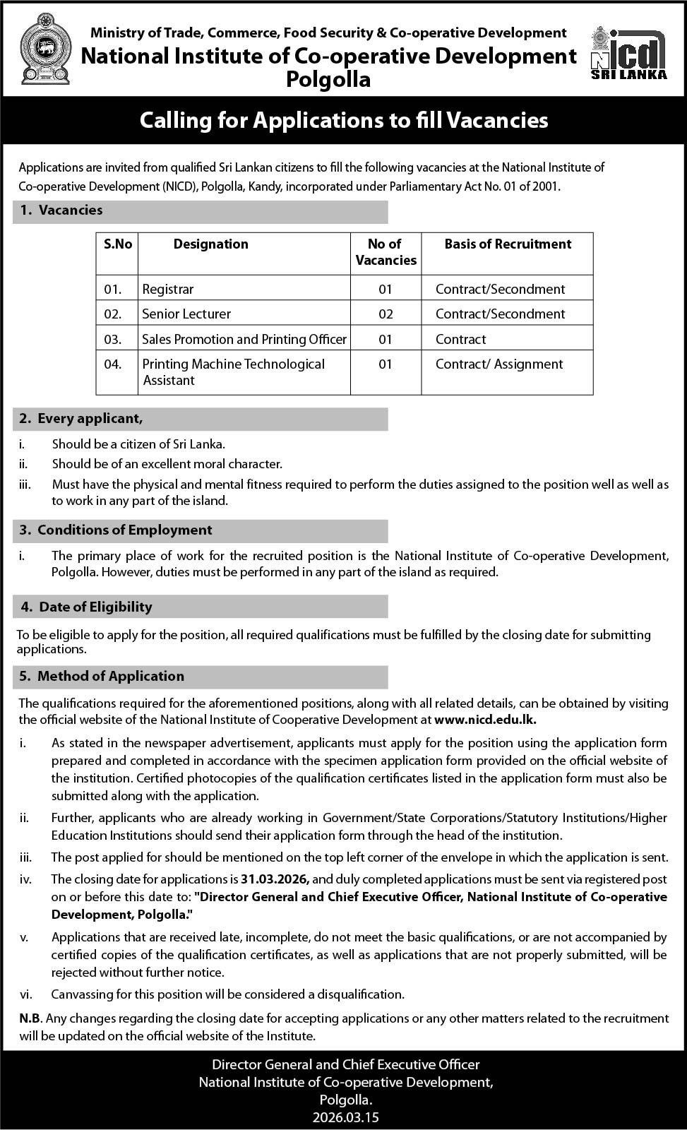 NICD Vacancies 2026 Sri Lanka
