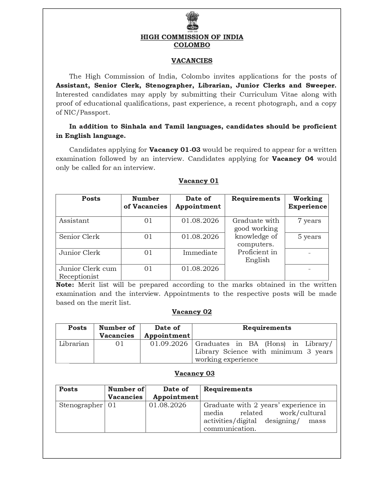 High Commission of India Colombo Vacancies 2026