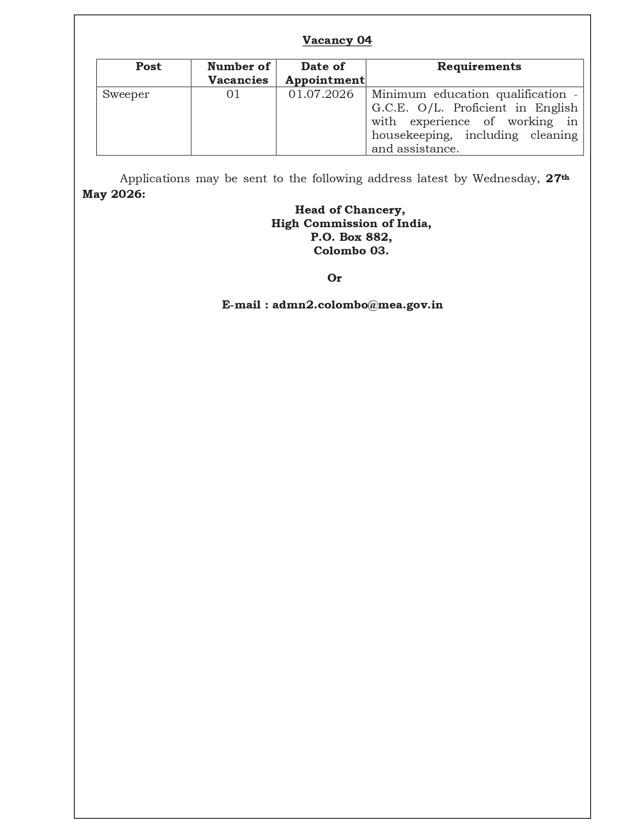 India High Commission Colombo Vacancy Details