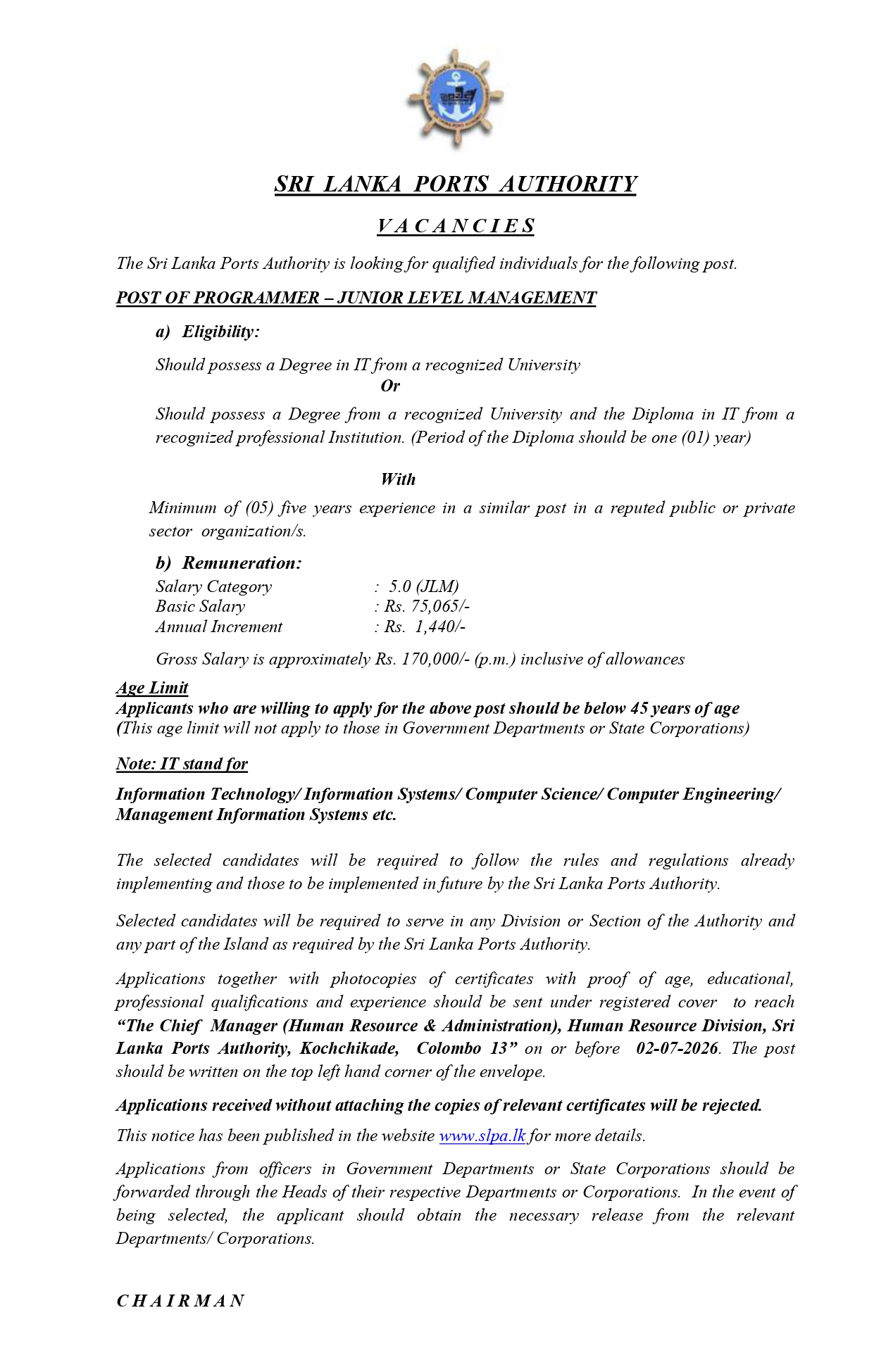 SLPA Programmer Vacancy 2026