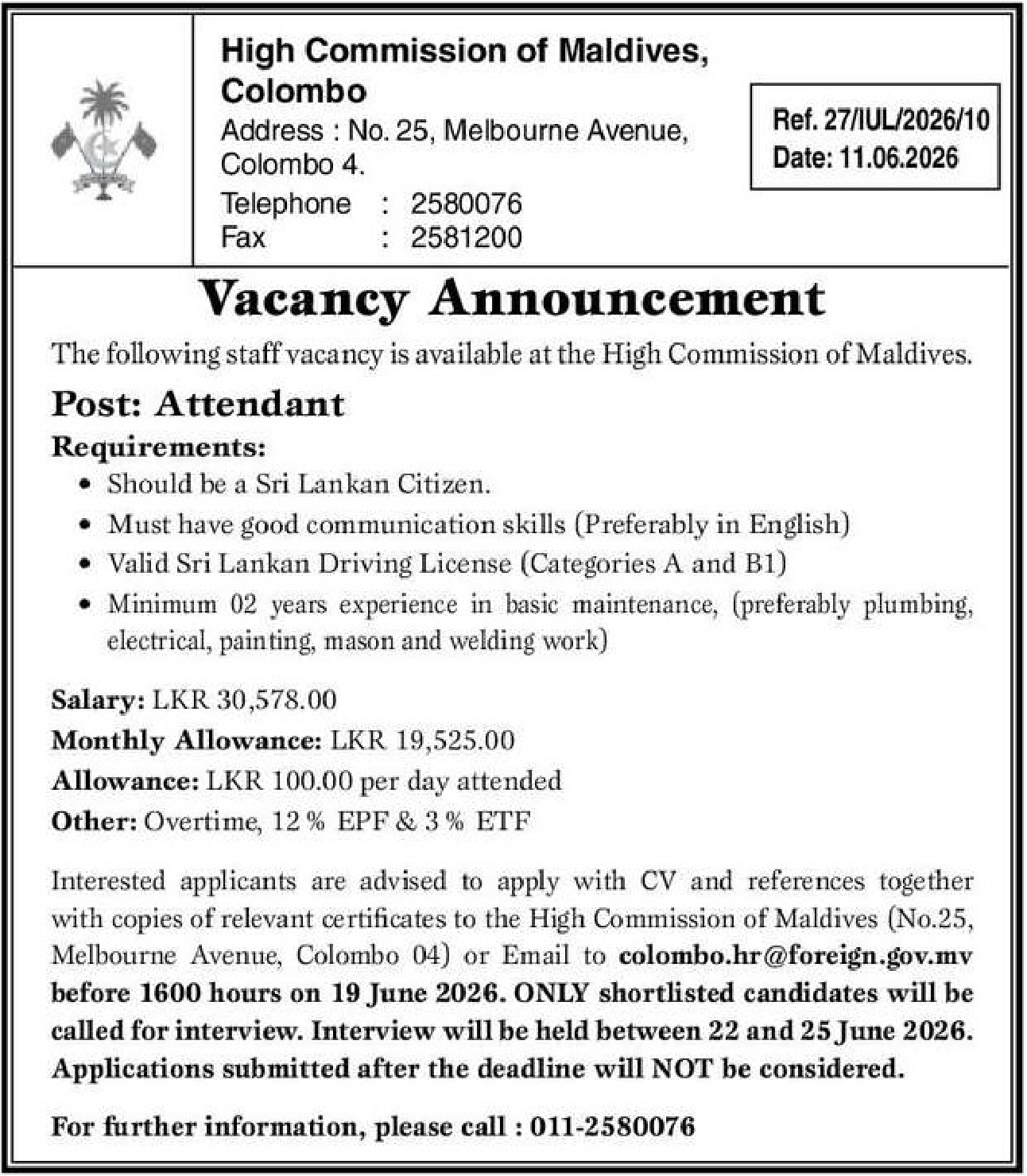 High Commission of Maldives Vacancy 2026