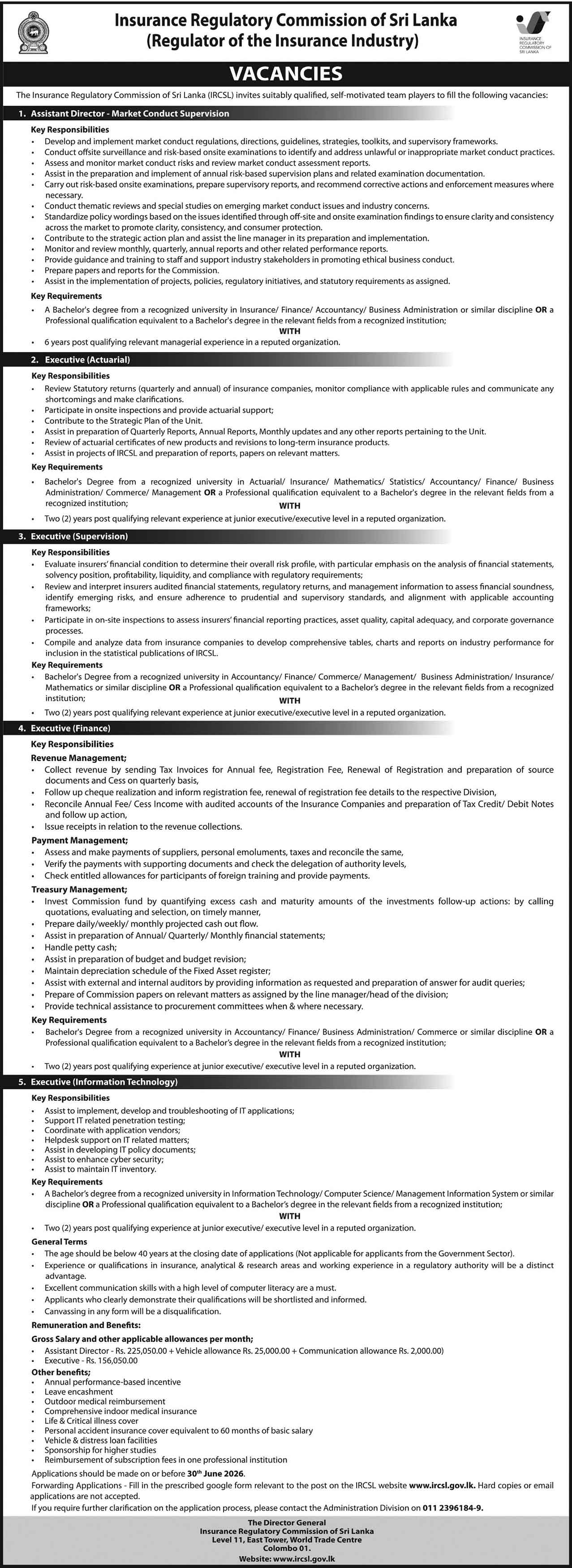 Insurance Regulatory Commission of Sri Lanka IRCSL Vacancies 2026