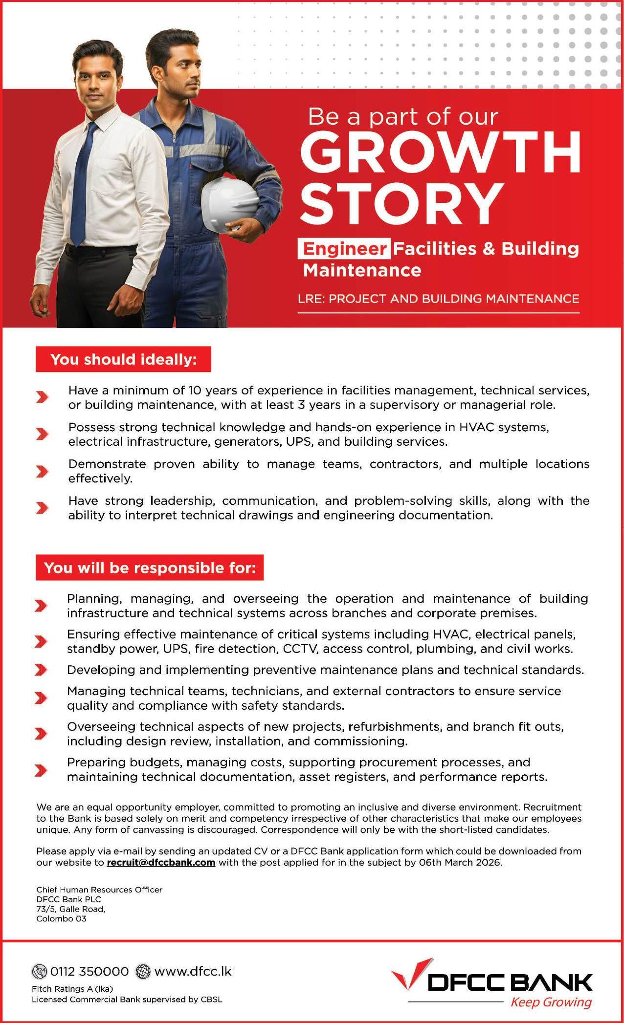 DFCC Bank 
Engineer Facilities Building Maintenance Vacancy 2026 Sri Lanka