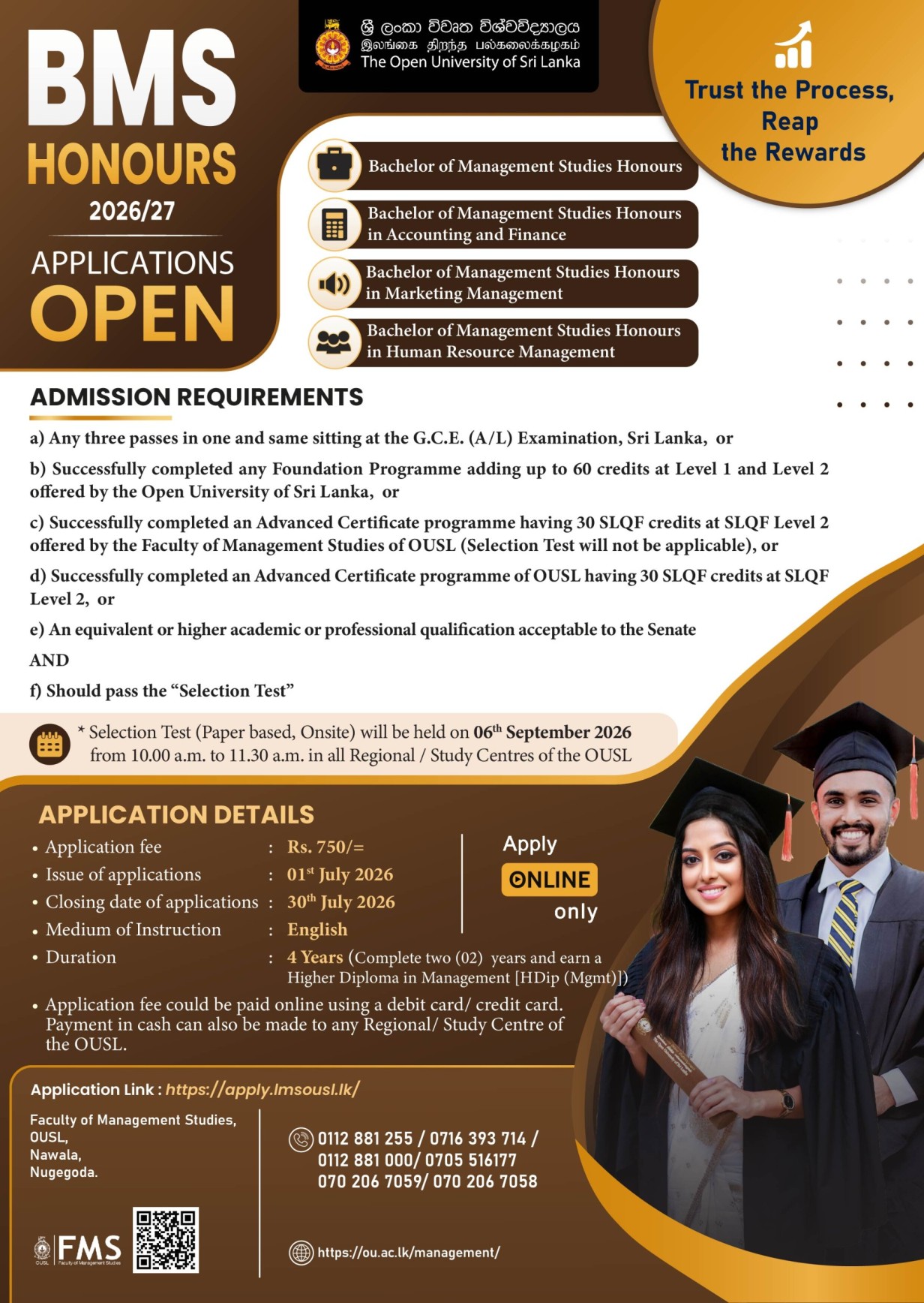 Open University of Sri Lanka Bachelor of Management Studies Honours 2026 2027 Applications Open