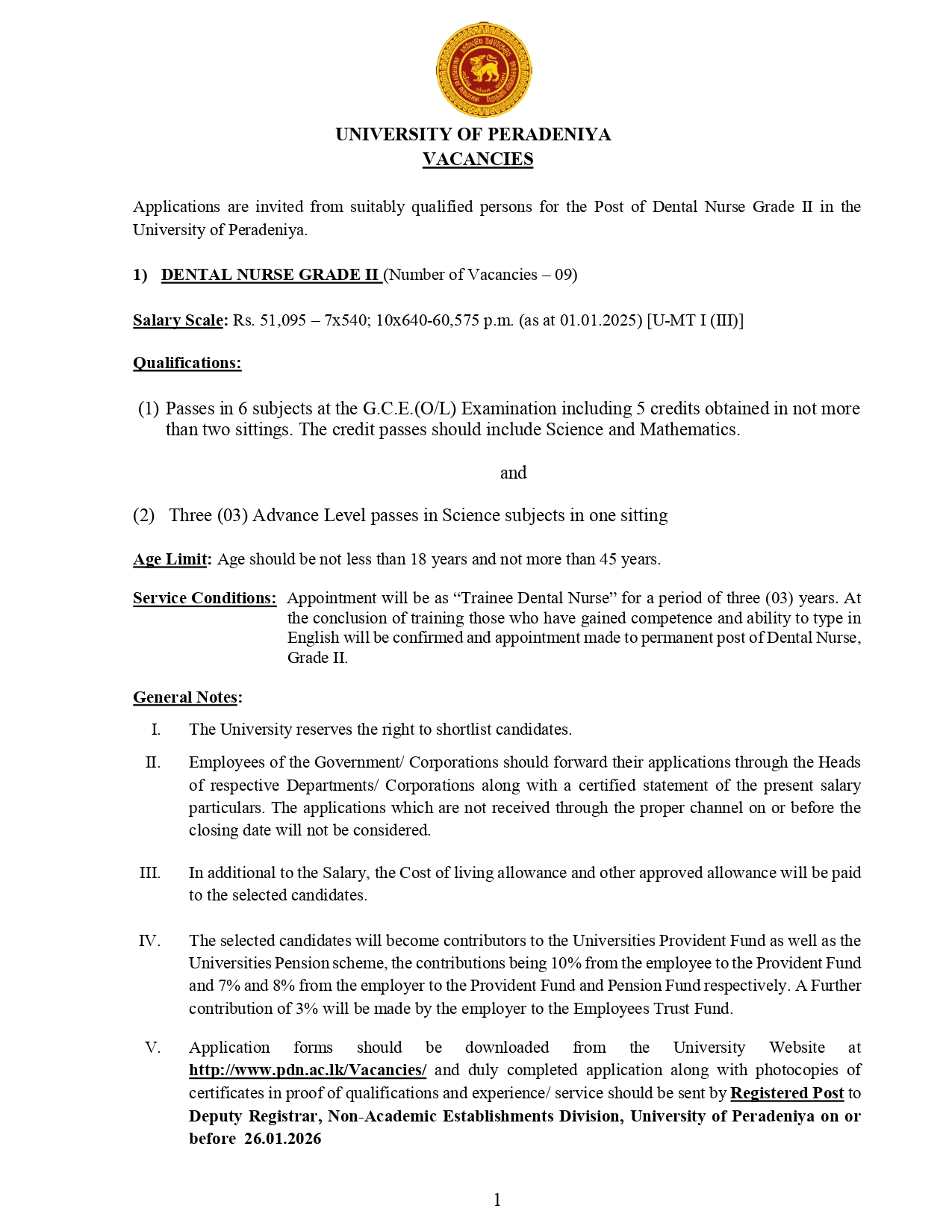 University of Peradeniya Dental Nurse Grade II Vacancy 2026 Official Advertisement