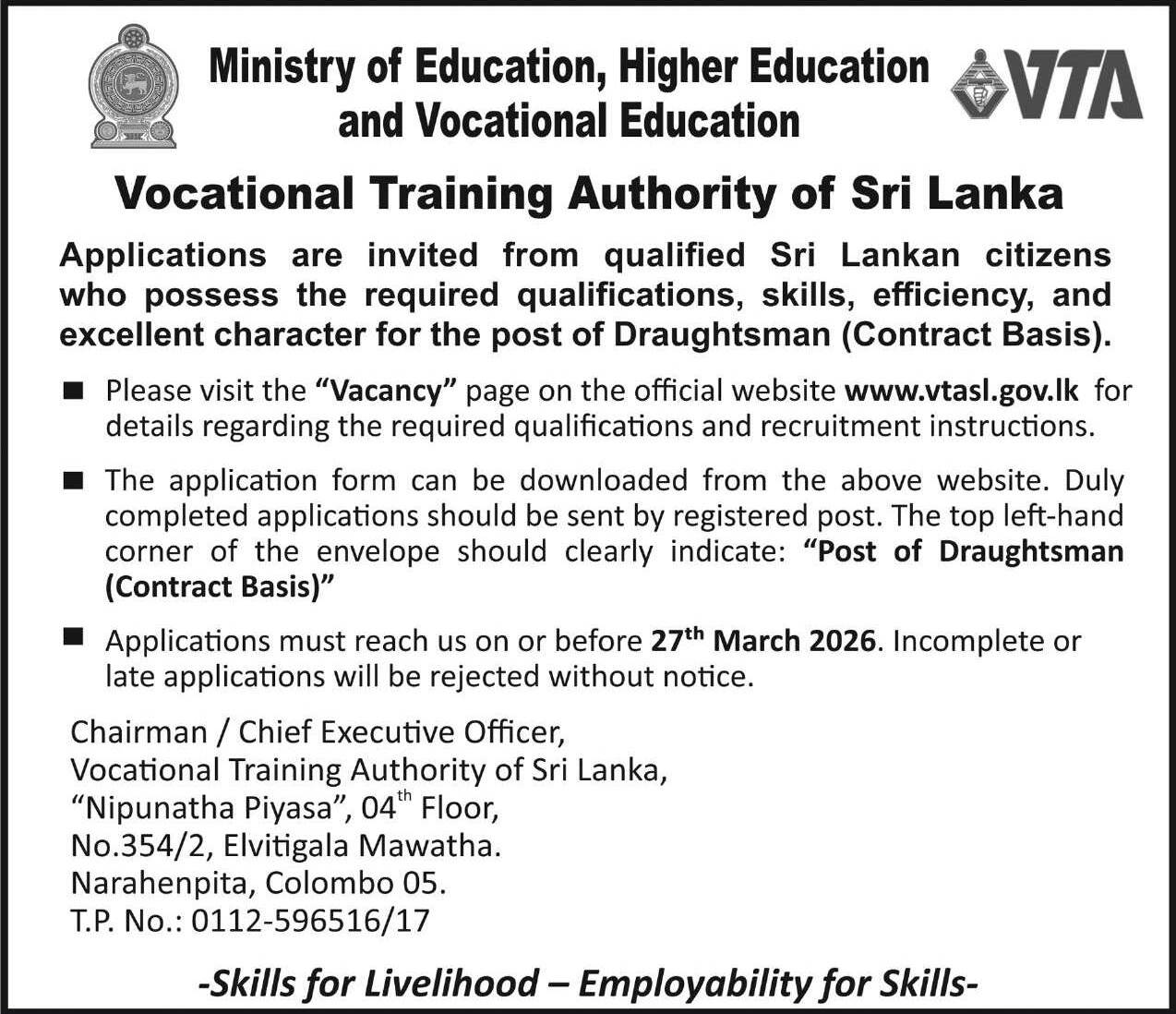 VTA Draughtsman Vacancy 2026 Newspaper Notice