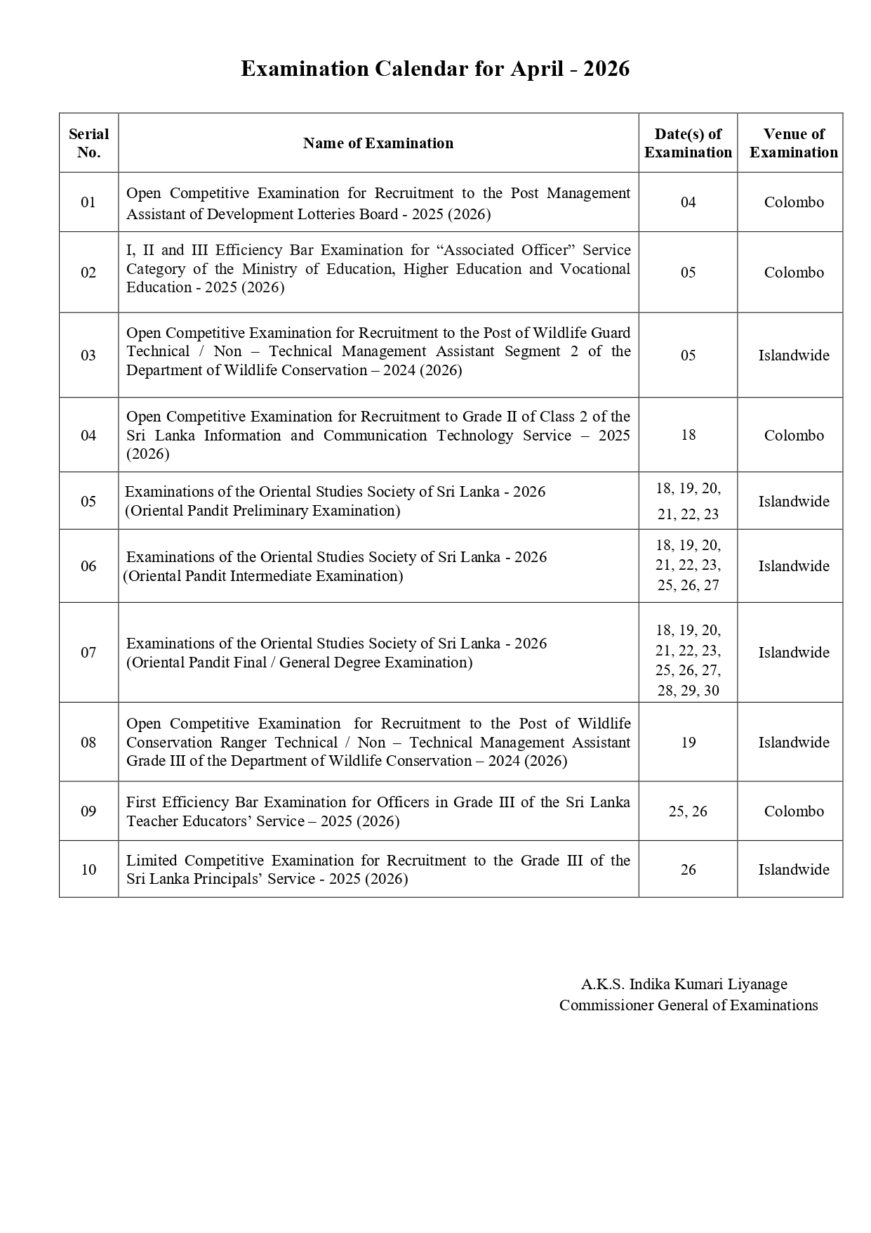 April 2026 Exam Calendar English