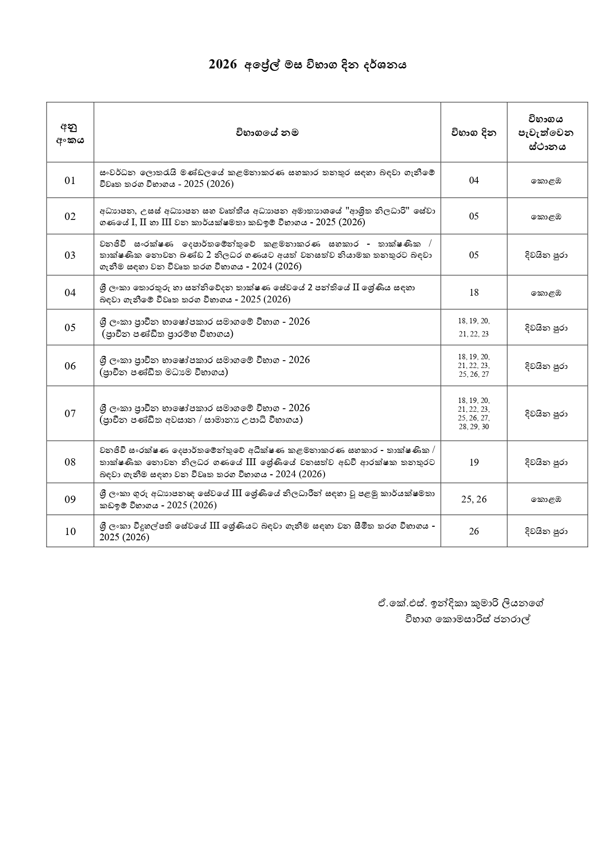 April 2026 Exam Calendar Sinhala