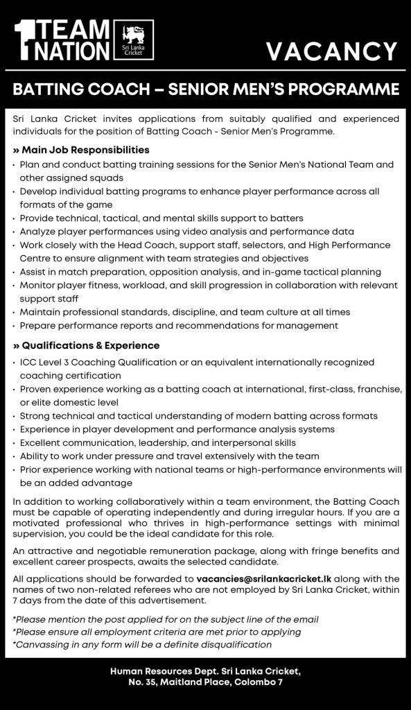 Sri Lanka Cricket Batting Coach Vacancy 2026