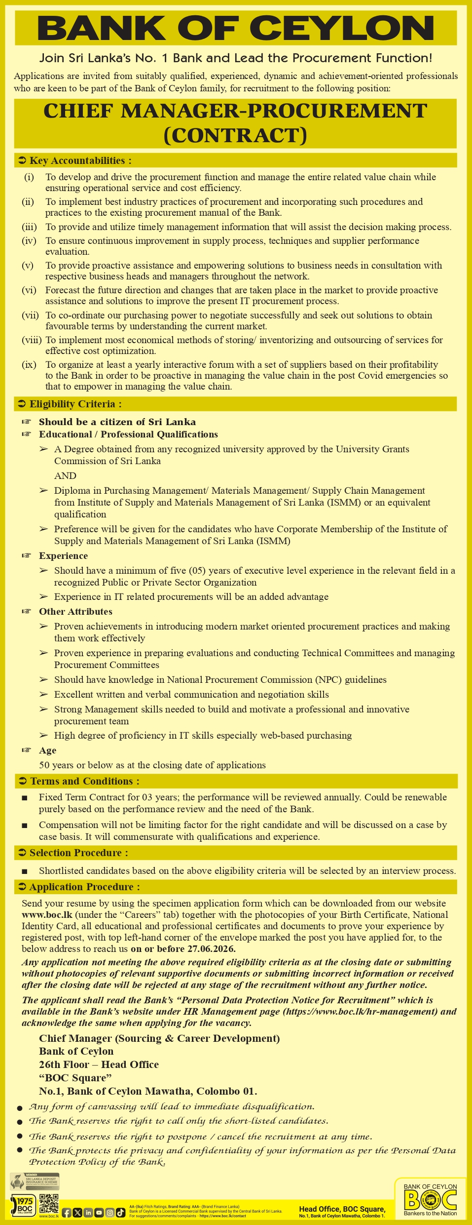 Bank of Ceylon Chief Manager Procurement Vacancy 2026