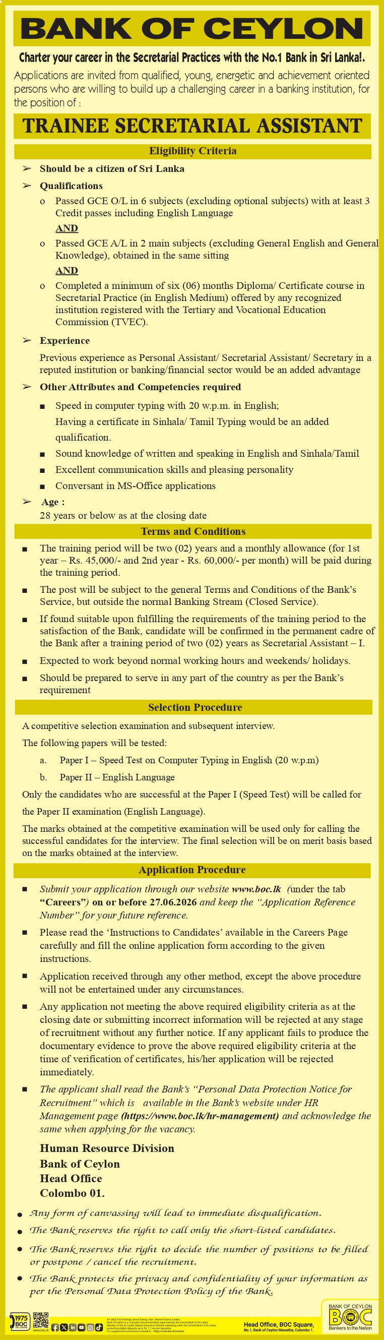 BOC Trainee Secretarial Assistant Vacancy 2026 English