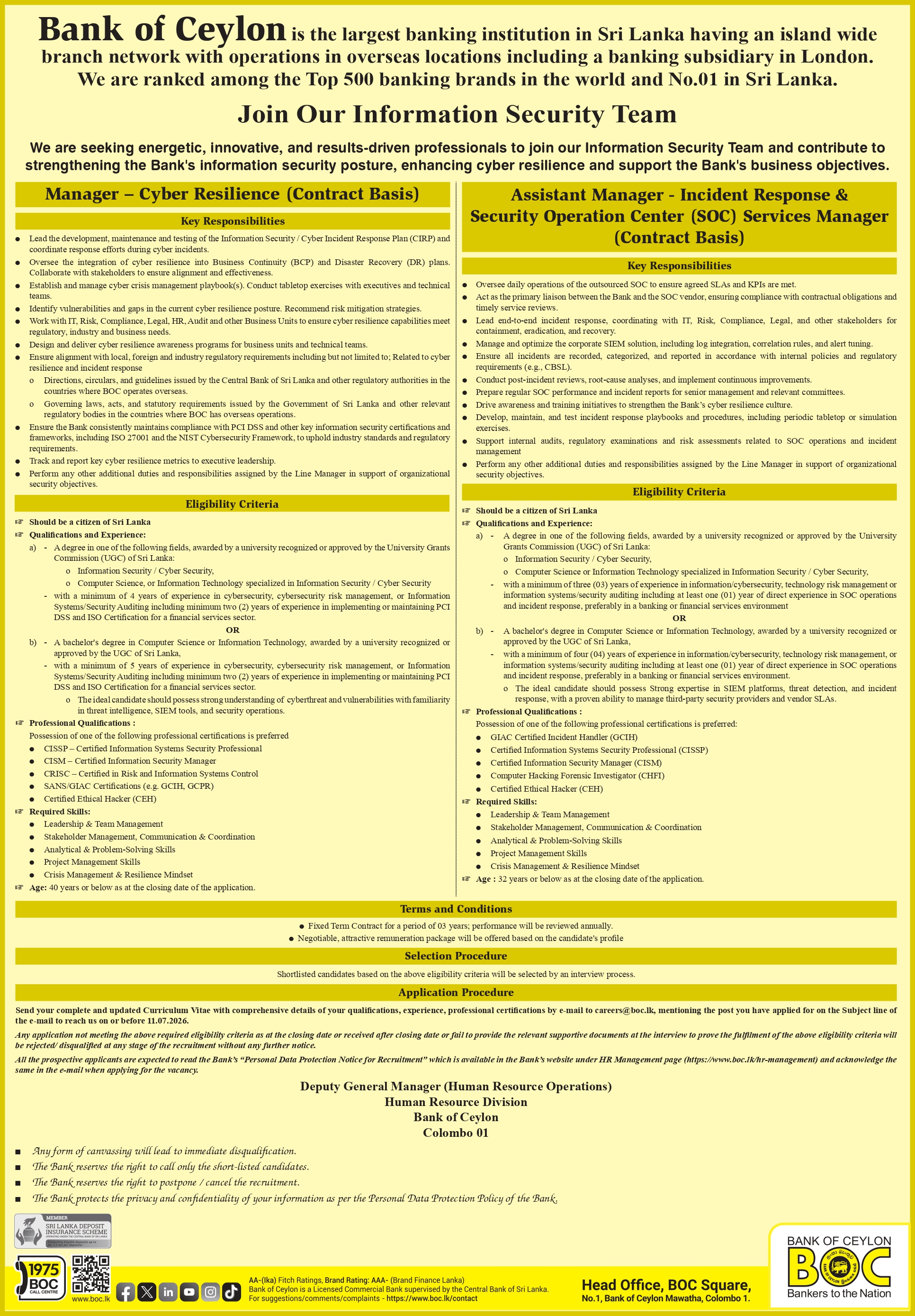 Bank of Ceylon BOC Job Vacancies 2026 Advertisement