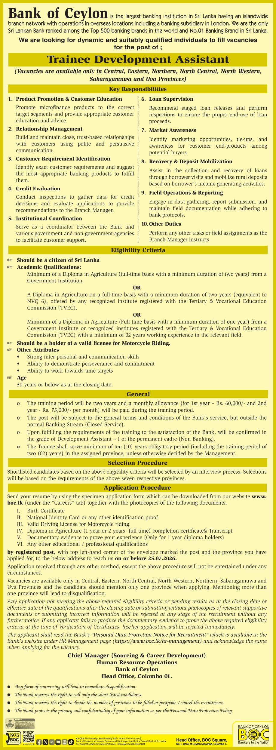 BOC Trainee Development Assistant Vacancy 2026