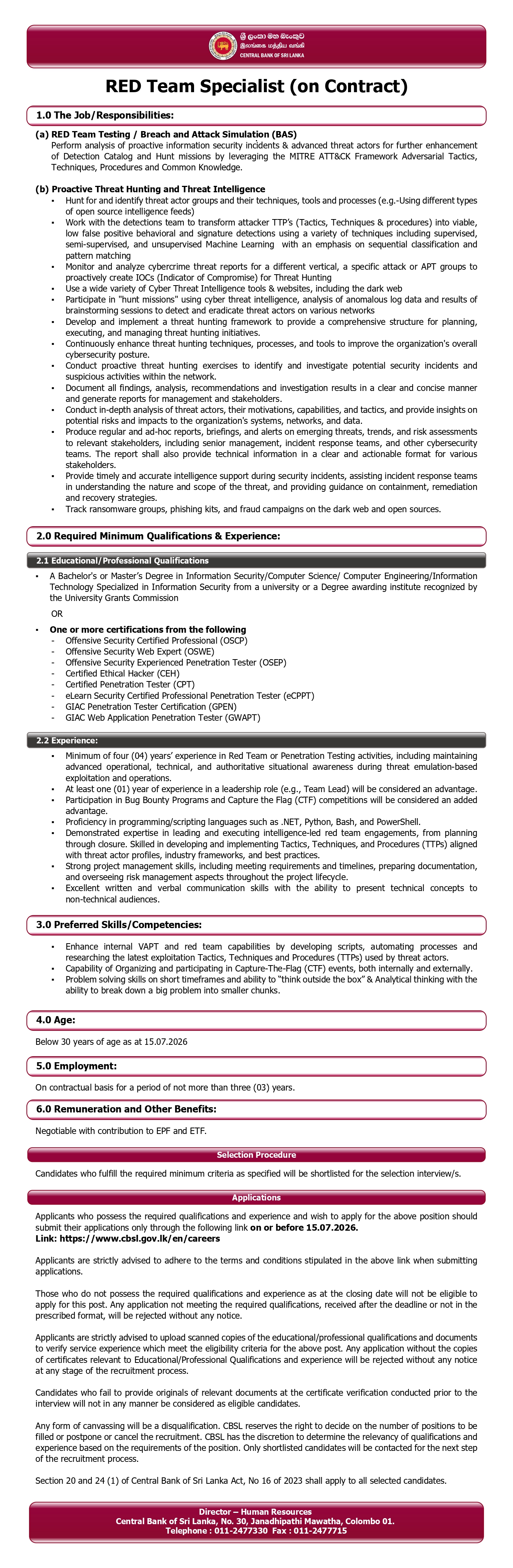 Central Bank RED Team Specialist Recruitment 2026