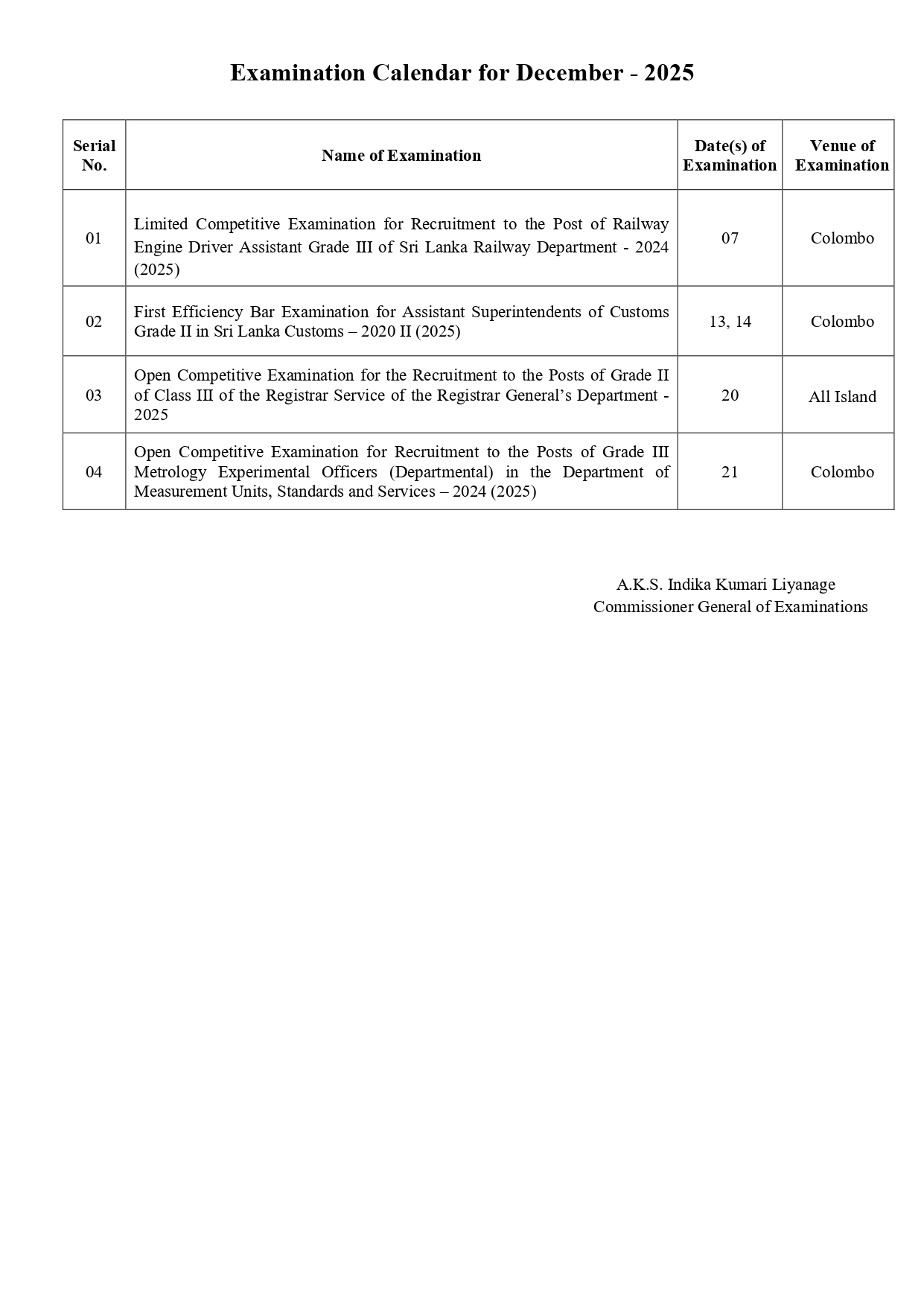 December Exam Calendar English 2025