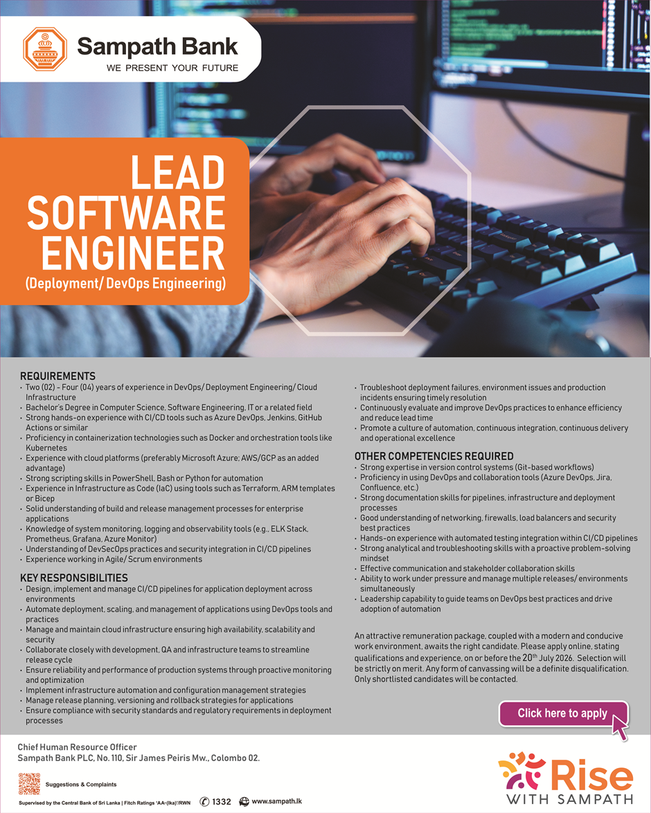 Lead Software Engineer DevOps Engineering Sampath Bank