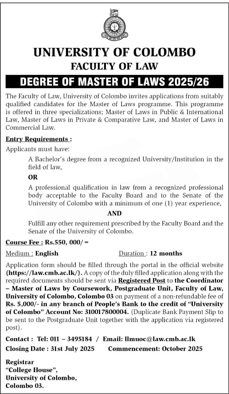 University of Colombo LLM Degree Programme 2025