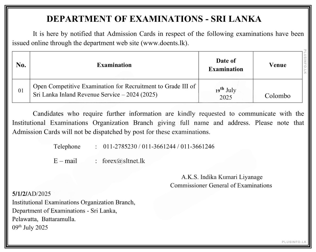 Inland Revenue Service Exam 2025 Admission Card