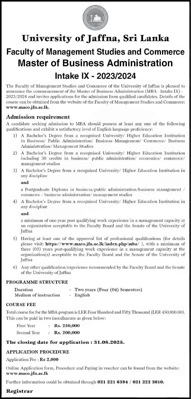 MBA 2025 - University of Jaffna