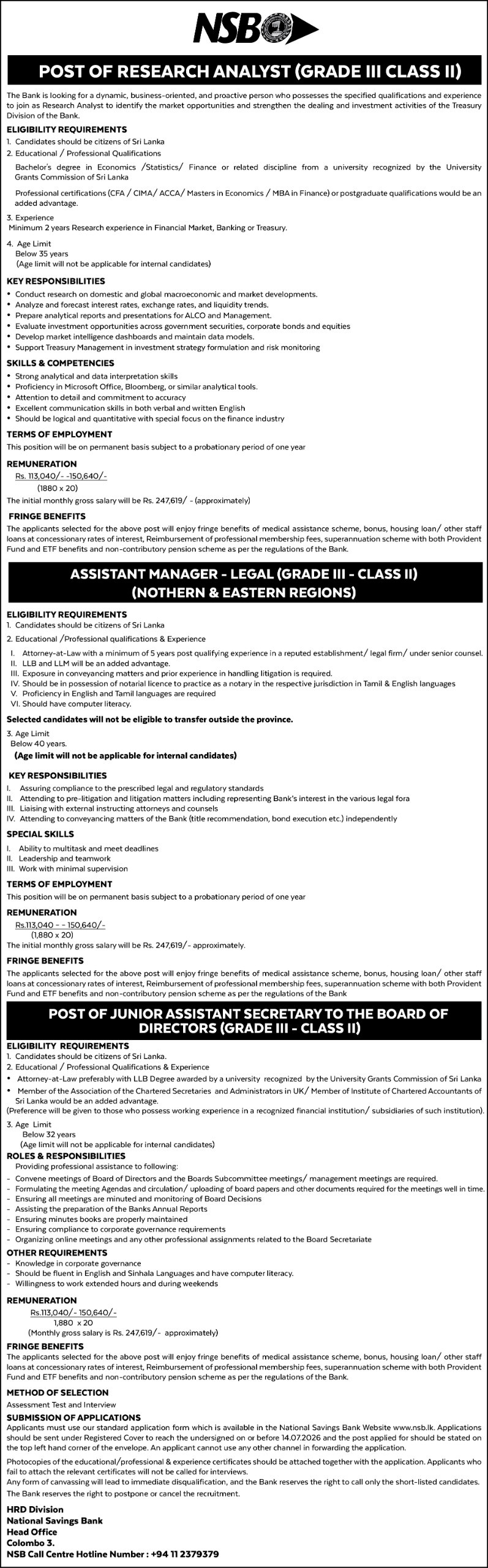 National Savings Bank NSB Job Vacancies 2026