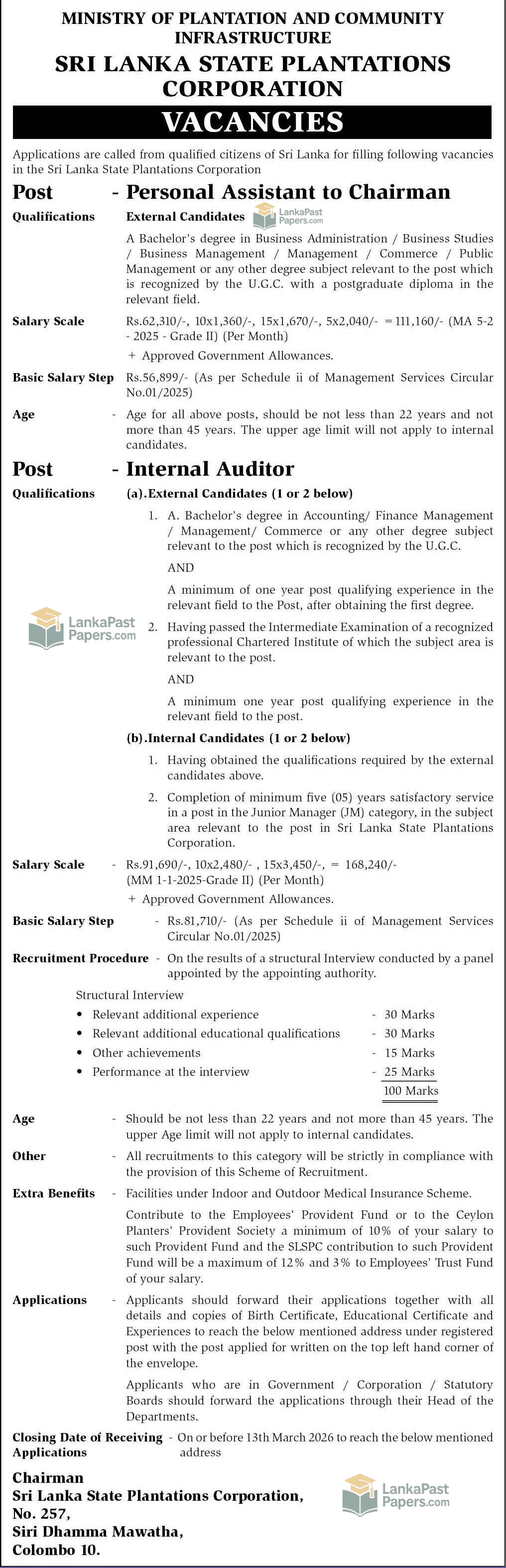 Sri Lanka State Plantations Corporation Vacancy Details