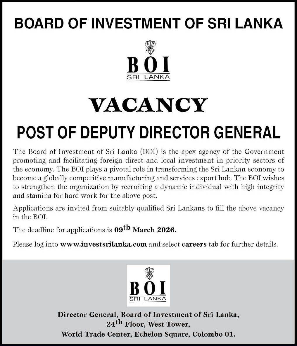 BOI Sri Lanka Deputy Director General Vacancy 2026