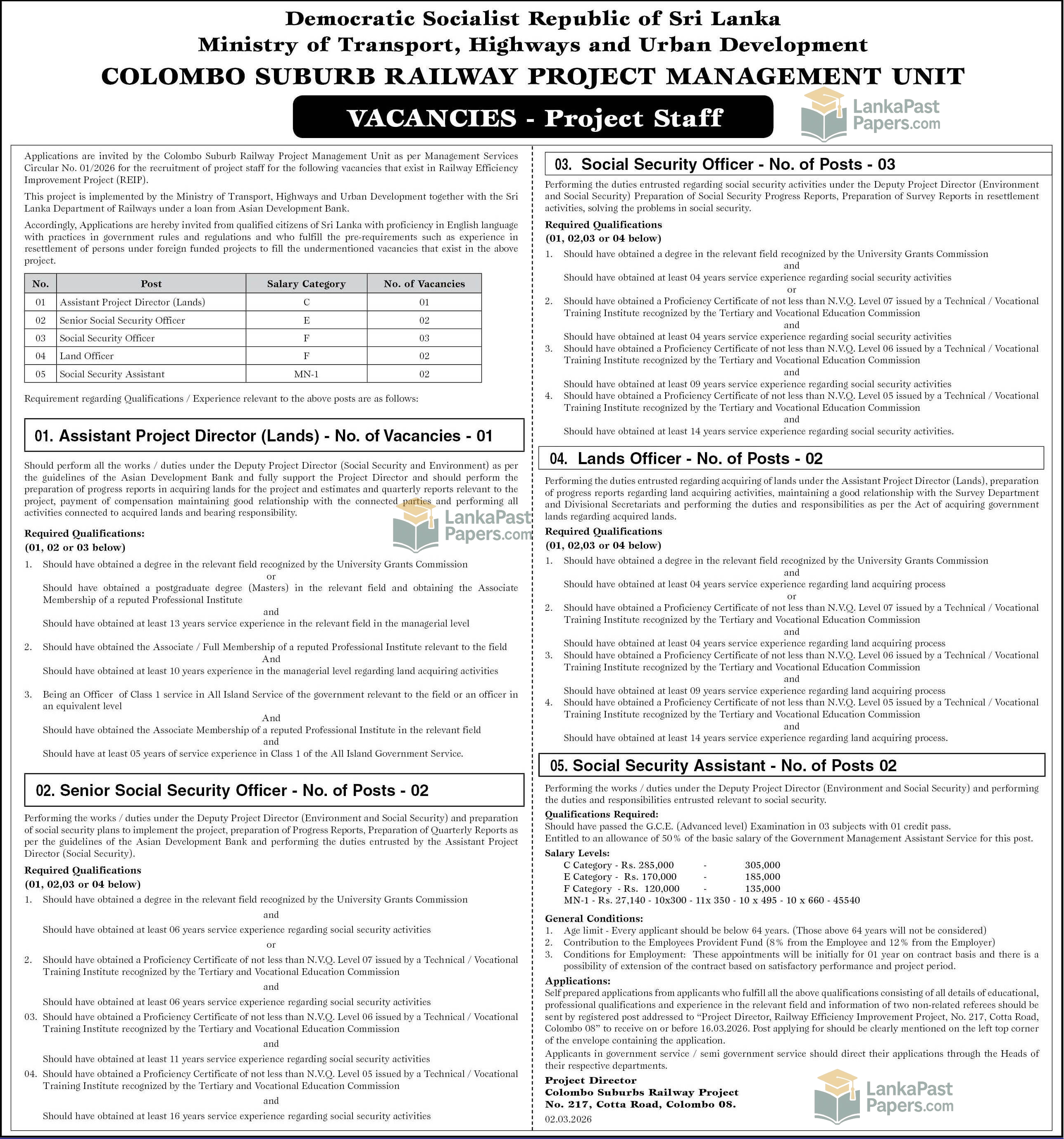 Colombo Suburb Railway Project Vacancies 2026 English Notice