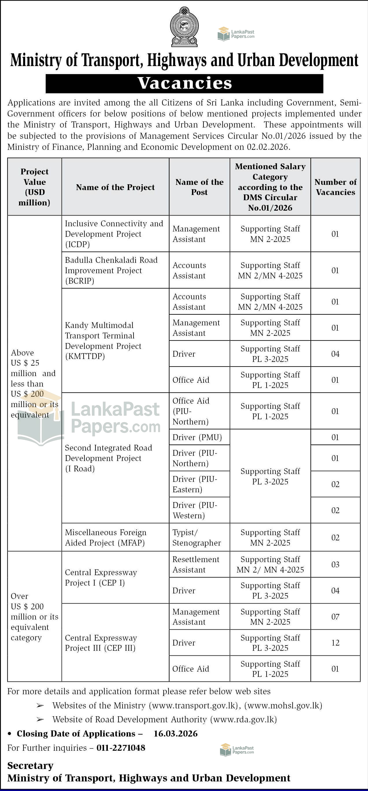 Ministry Transport Vacancies 2026 English Gazette