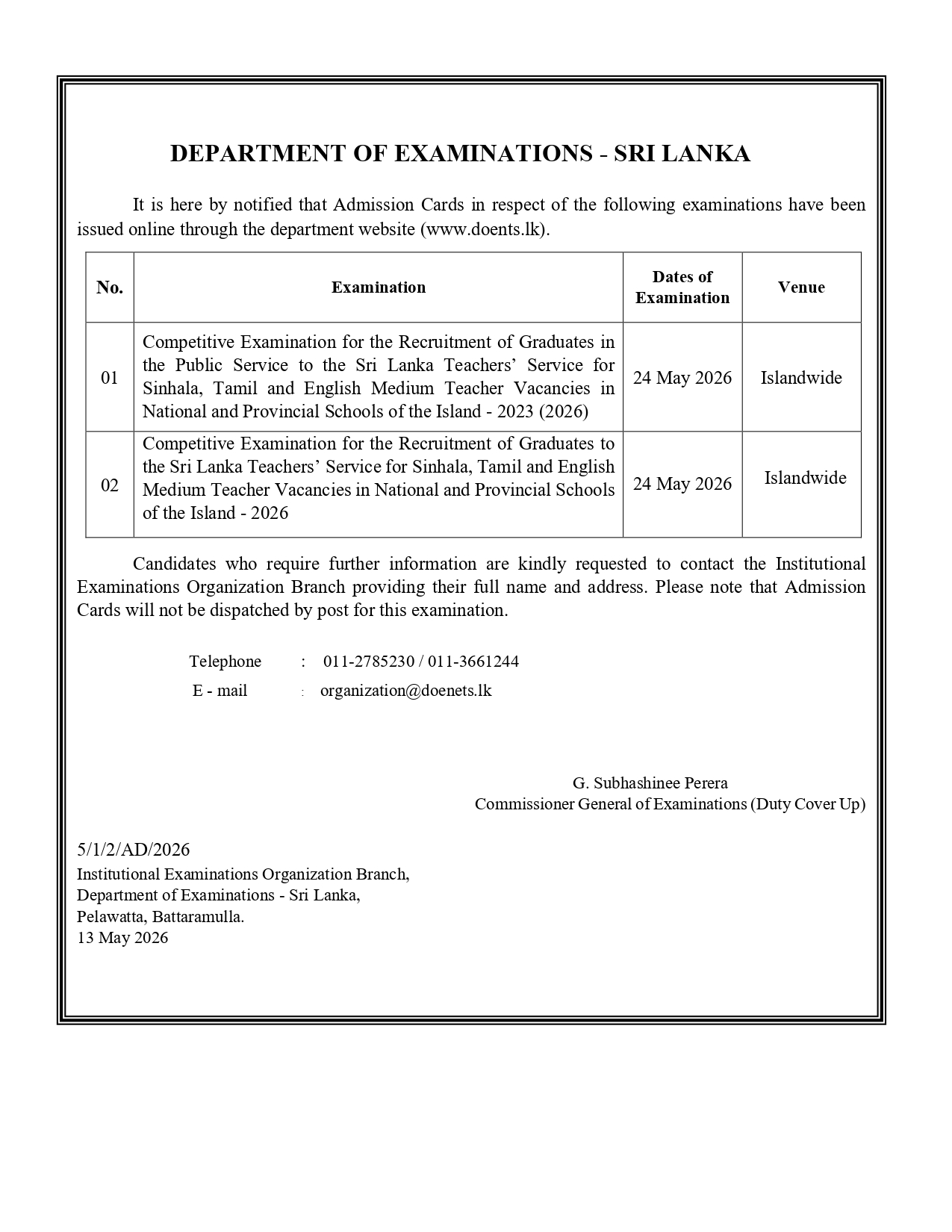 Graduate Teaching Exam 2026 Admission Card Notice