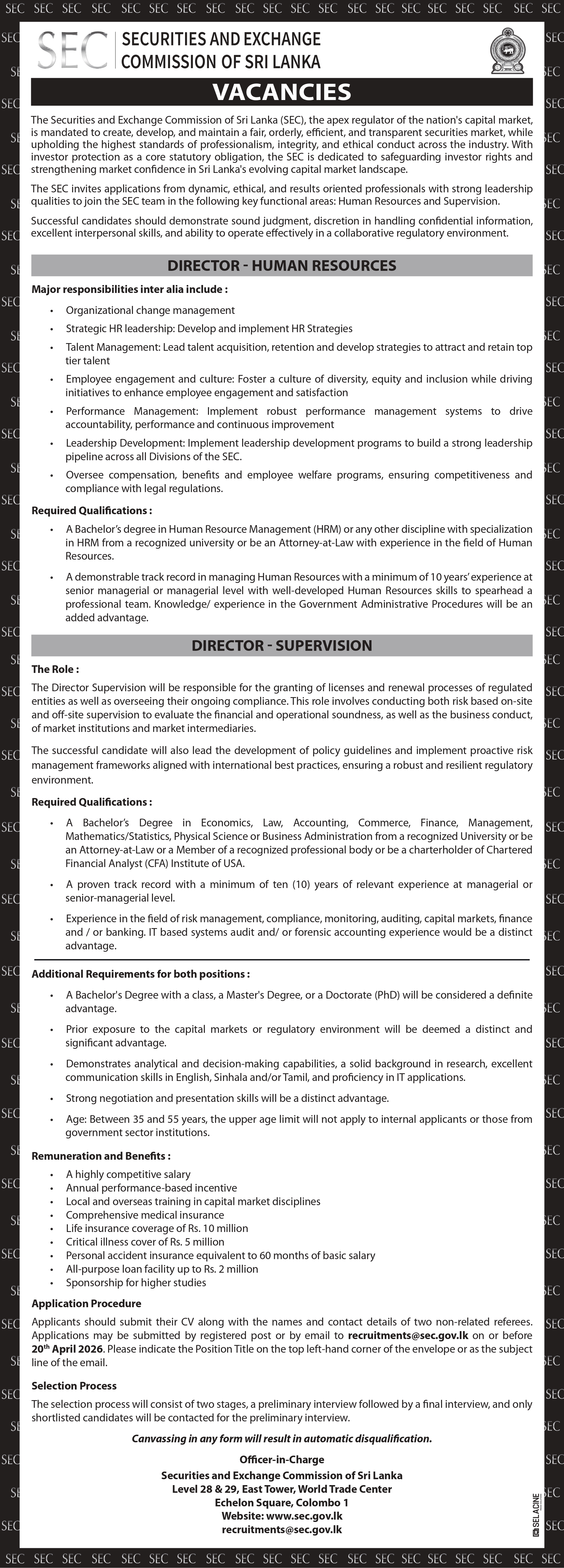 SEC Sri Lanka Vacancy 2026