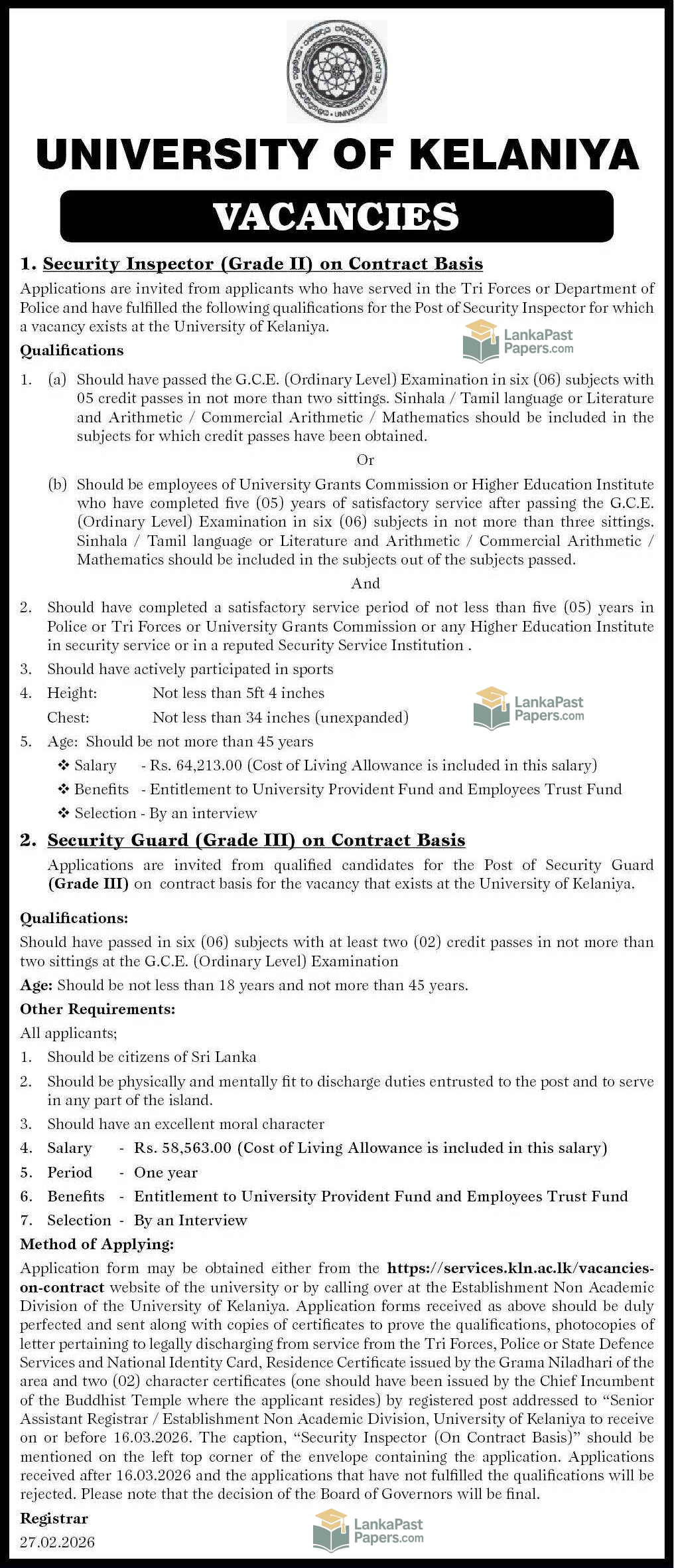 University of Kelaniya Security Vacancies 2026 English Full Details