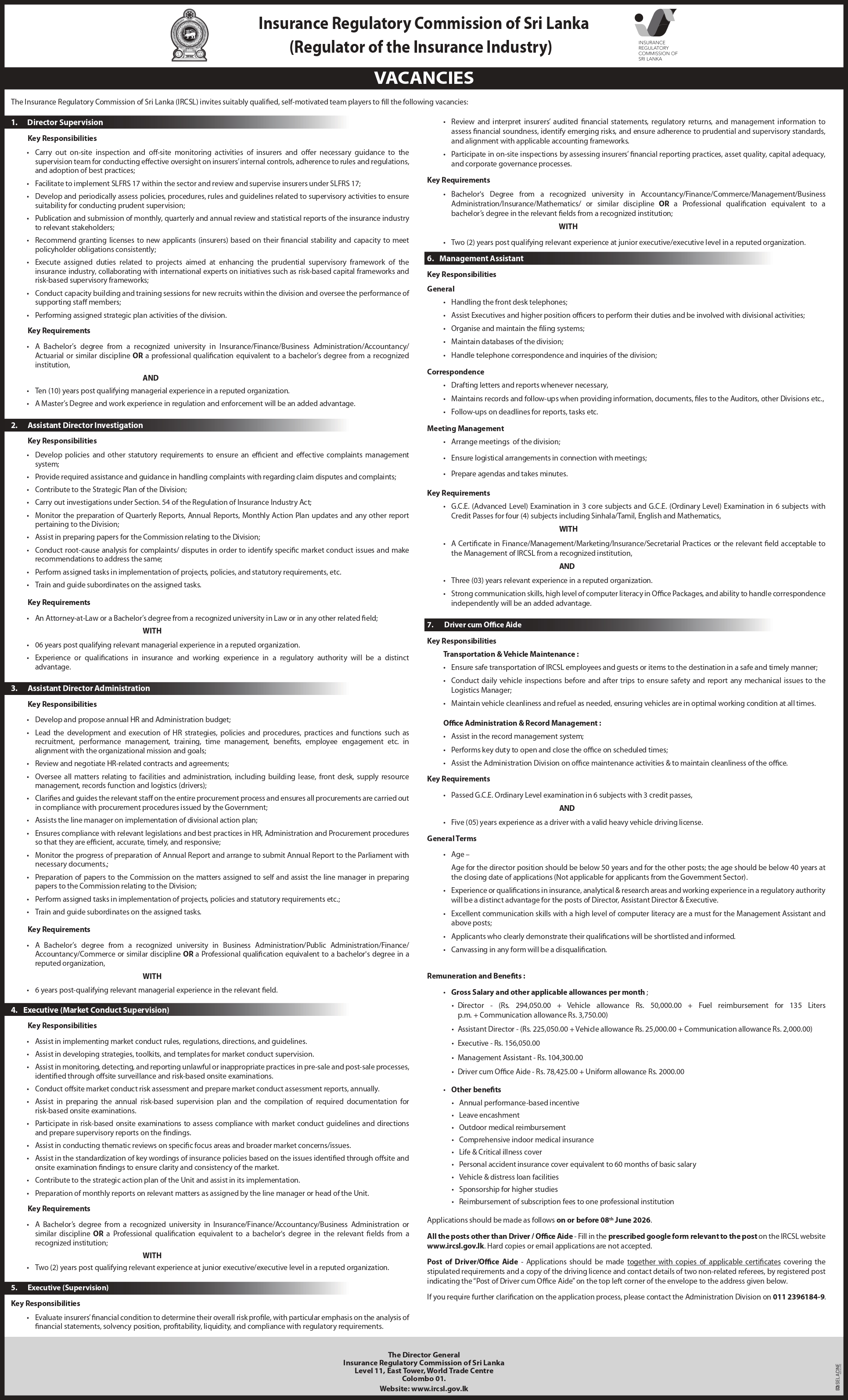 Insurance Regulatory Commission of Sri Lanka Vacancies 2026 Advertisement