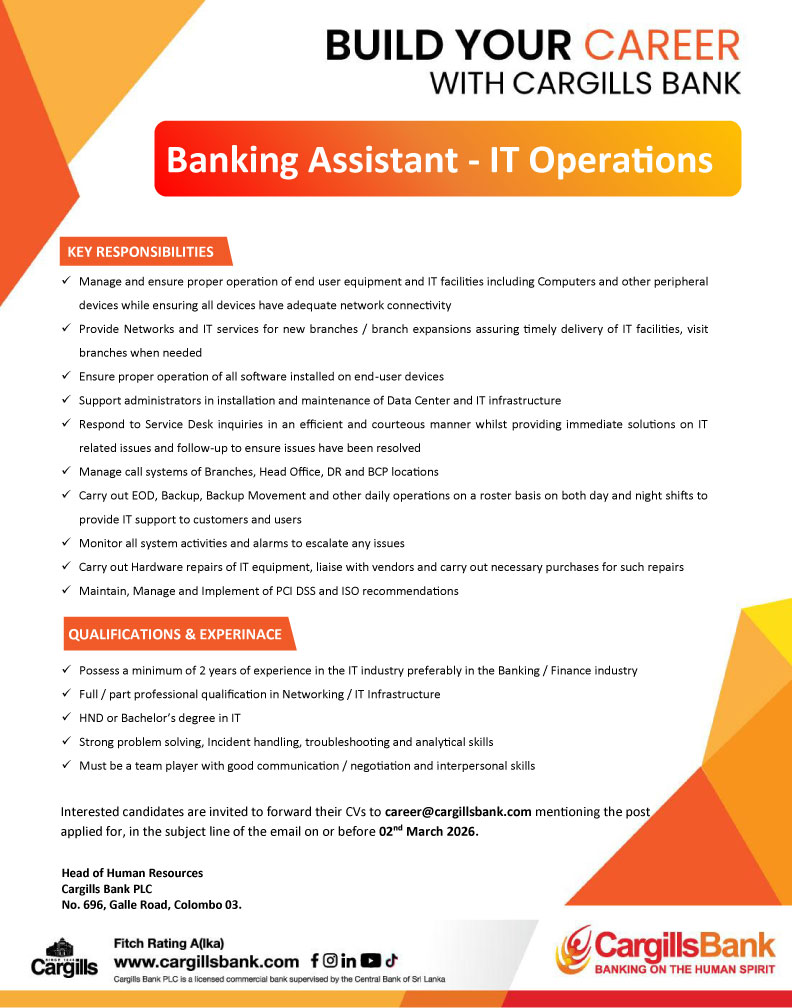 Cargills Bank Banking Assistant IT Operations Vacancy