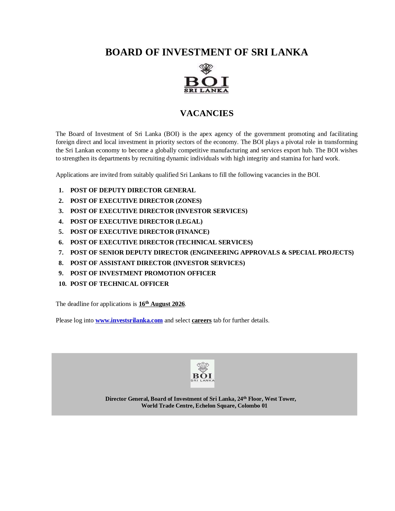 BOI Sri Lanka Job Vacancies 2026 Advertisement