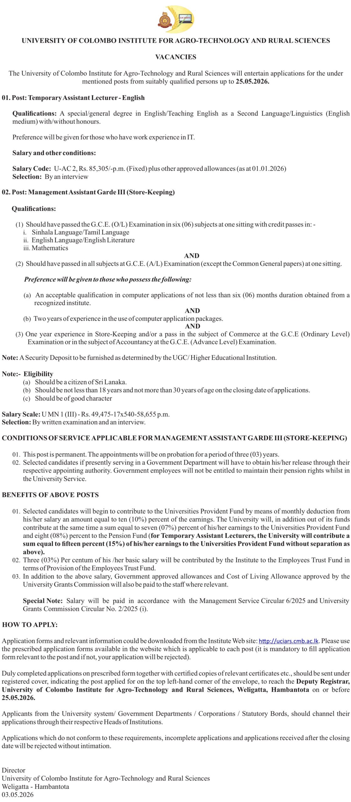 University of Colombo Jobs 2026