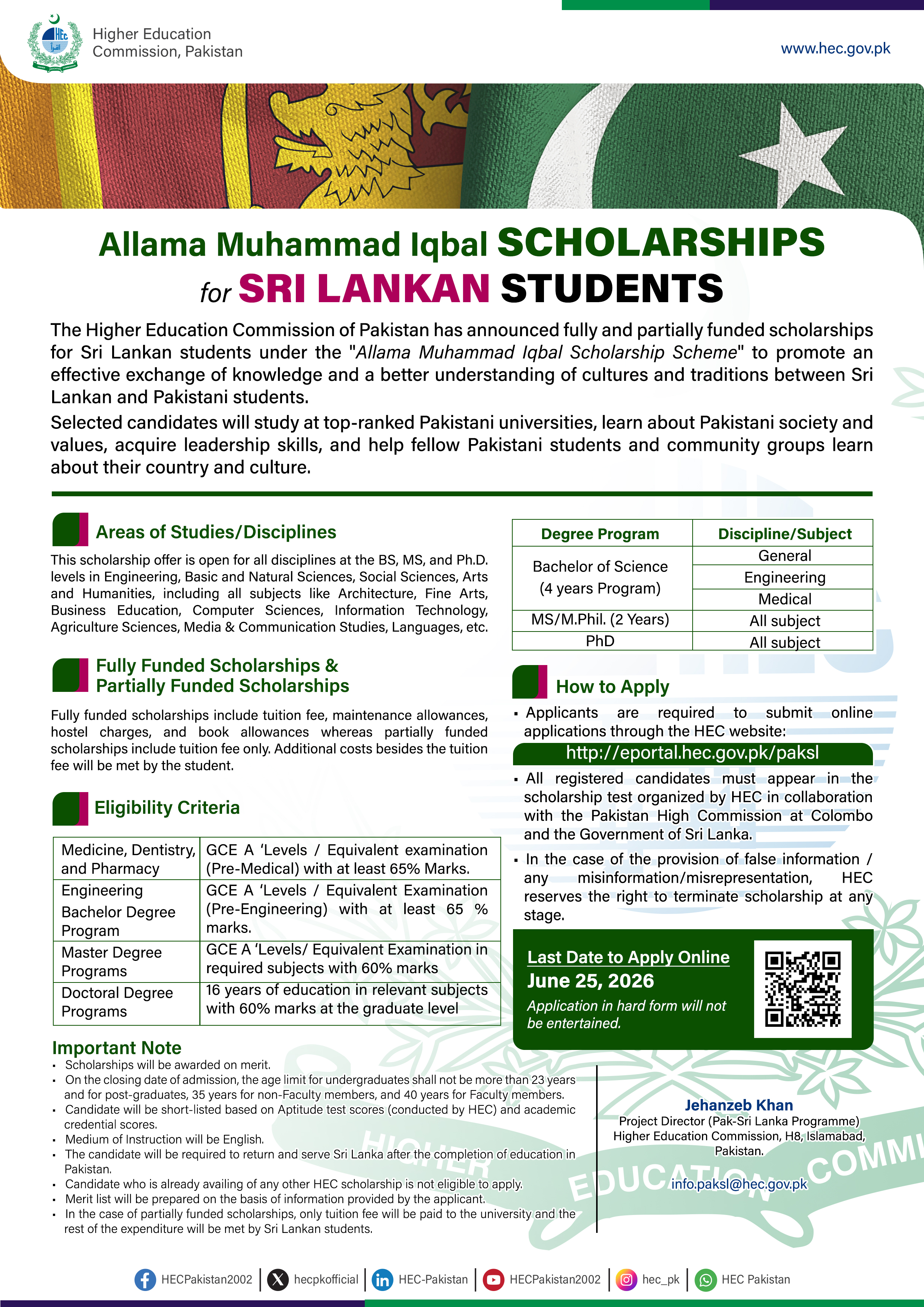 Allama Muhammad Iqbal Scholarship 2026 Sri Lankan Students