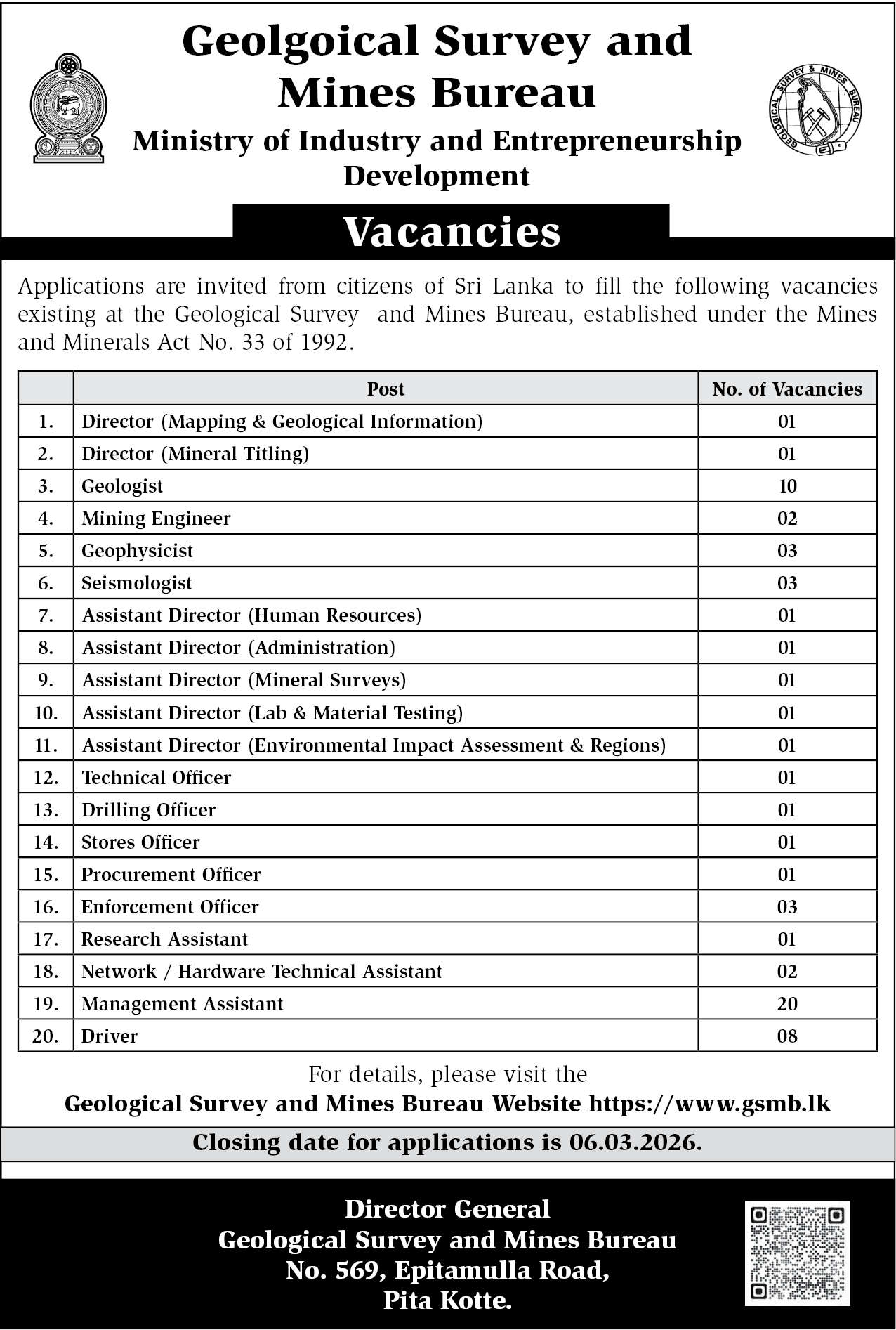 Geological Survey and Mines Bureau GSMB Vacancies 2026 March