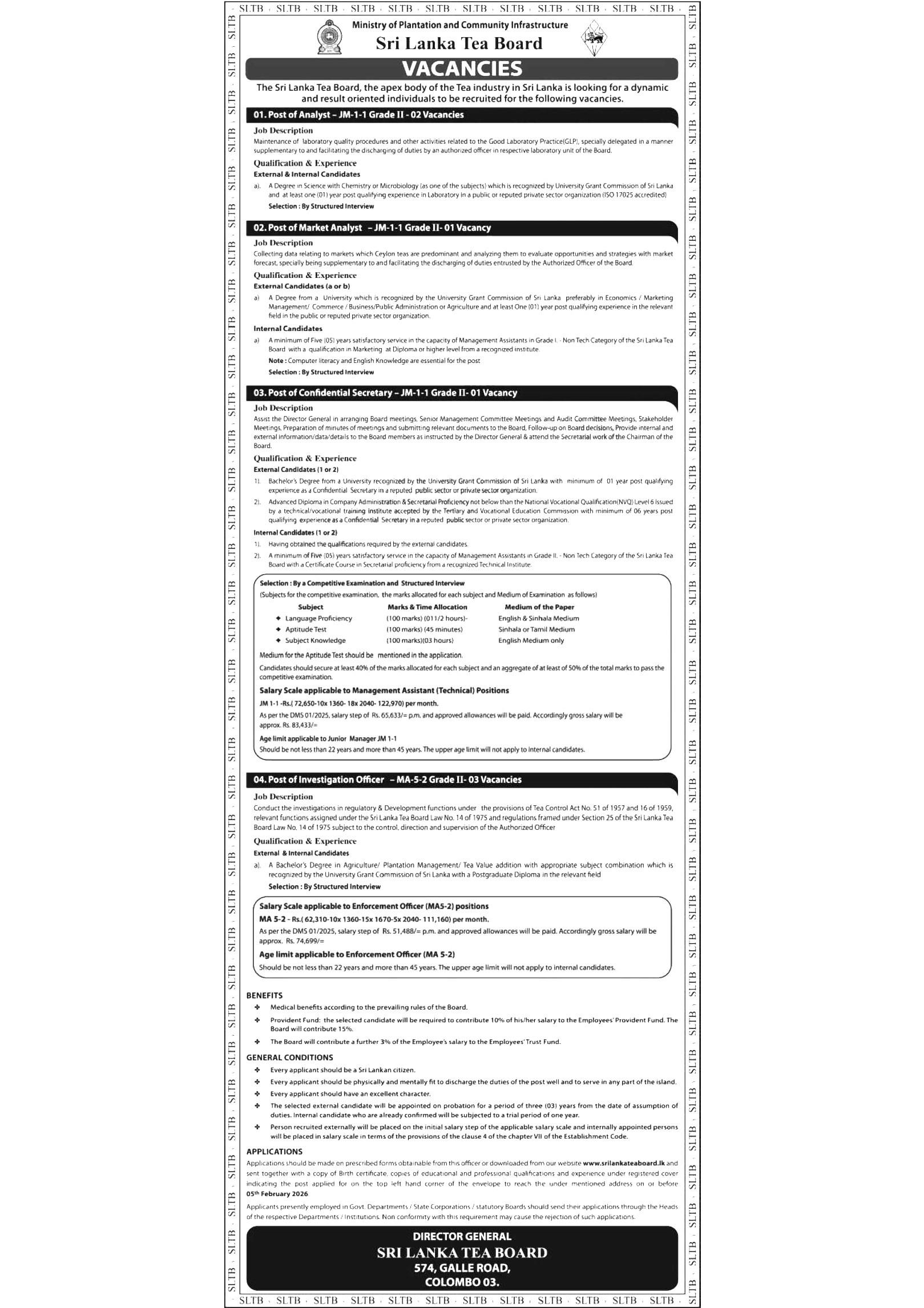 Sri Lanka Tea Board official job vacancies 2026 gazette notice issued by the Ministry of Plantation and Community Infrastructure showing Analyst, Market Analyst, Confidential Secretary and Investigation Officer vacancies with application closing date 05 February 2026