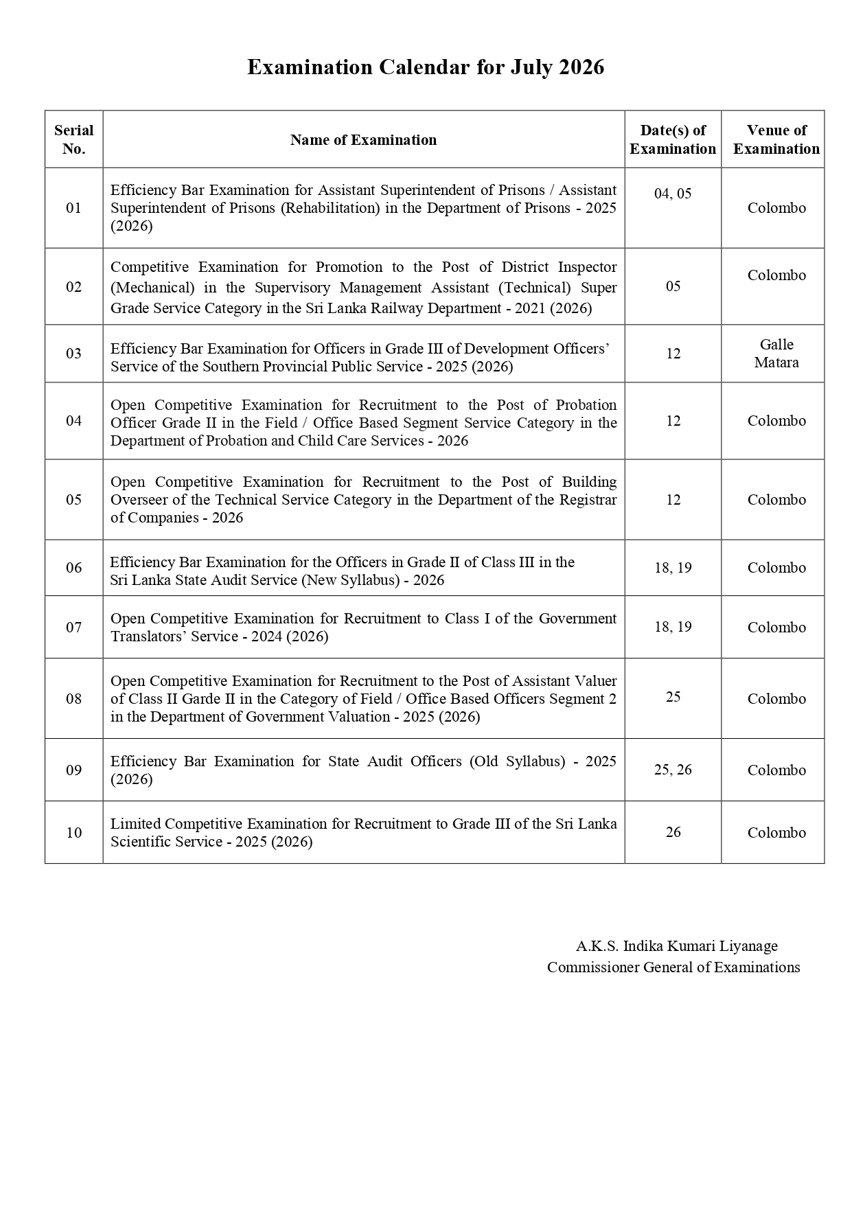 July 2026 Examination Calendar