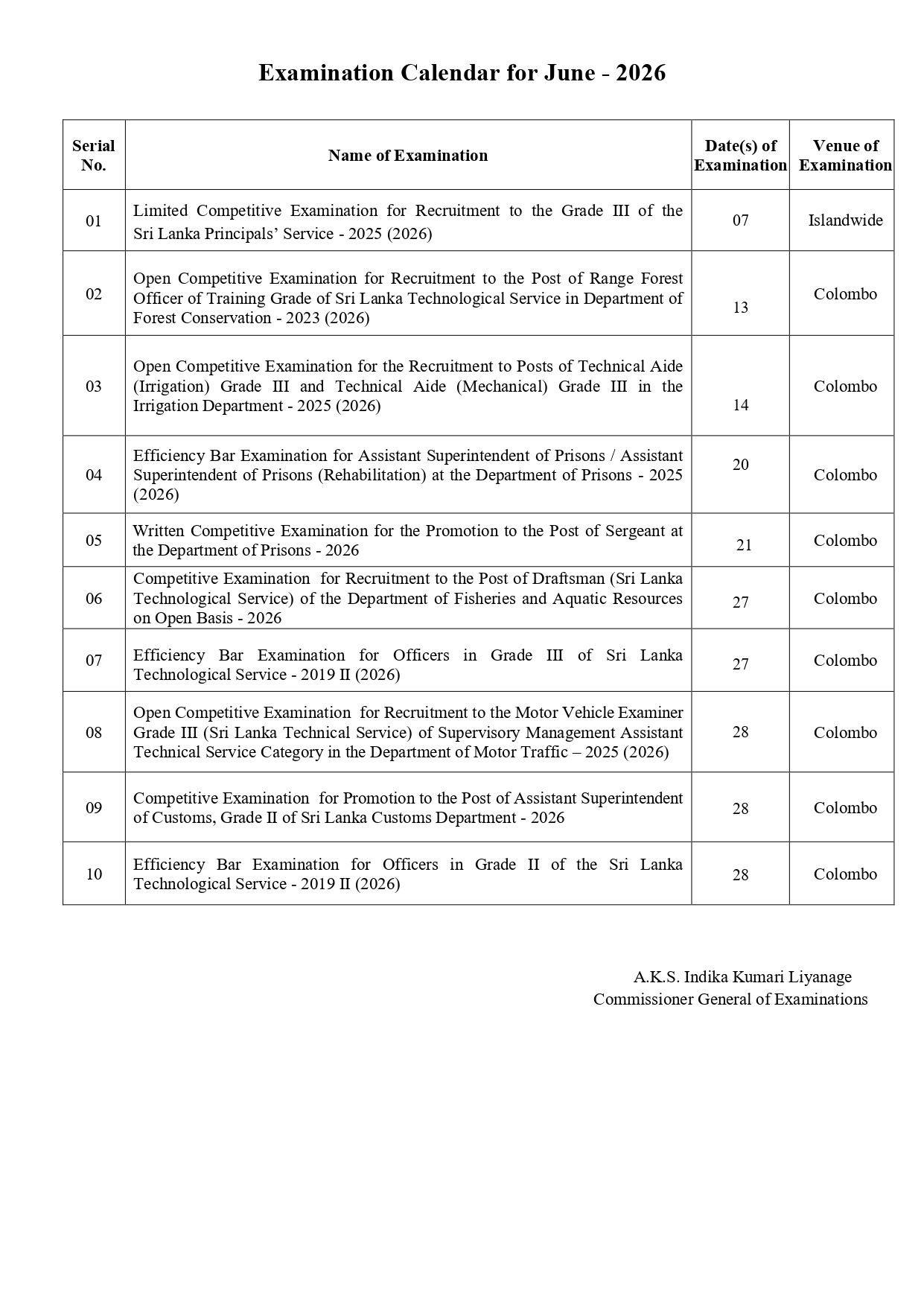 June 2026 Exam Calendar Sri Lanka